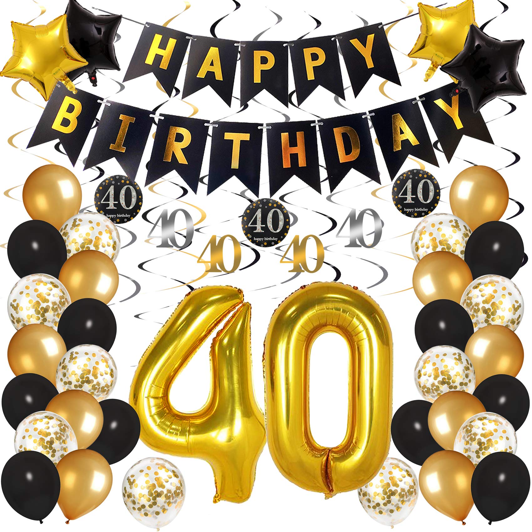 Black and Gold 40th Birthday Party Decorations Kit for Men & Women - Happy Birthday Banner, Balloons, Confetti & Swirls | Perfect for 40th Birthday Celebrations, Anniversaries & Milestone Parties