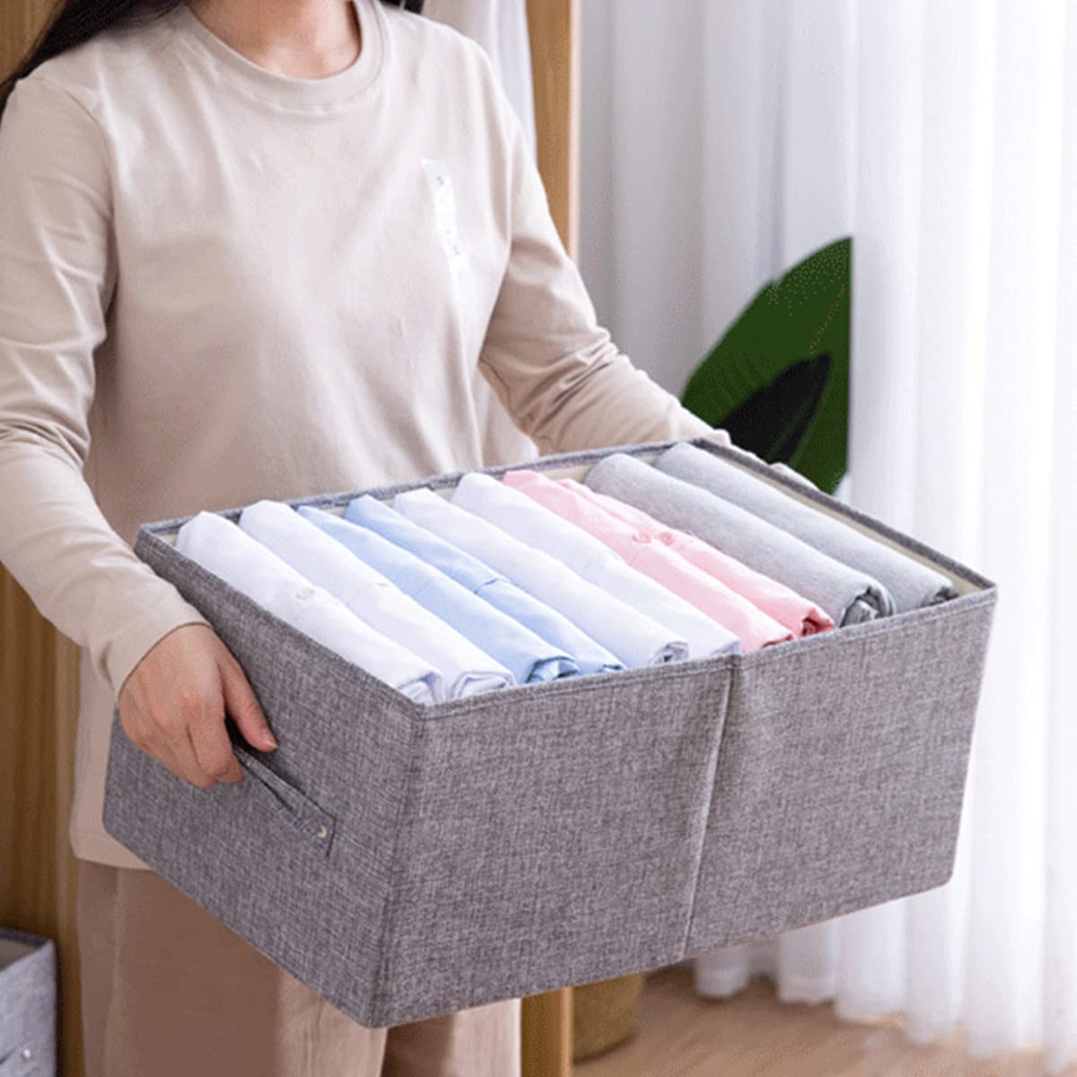 Foldable Cotton Linen Closet Storage Box with Handle - Washable Drawer Organizer for Underwear, Scarves, Dress Pants & T-Shirts (Grey, Large) - Perfect for Bedroom, Closet & Travel Storage Organization