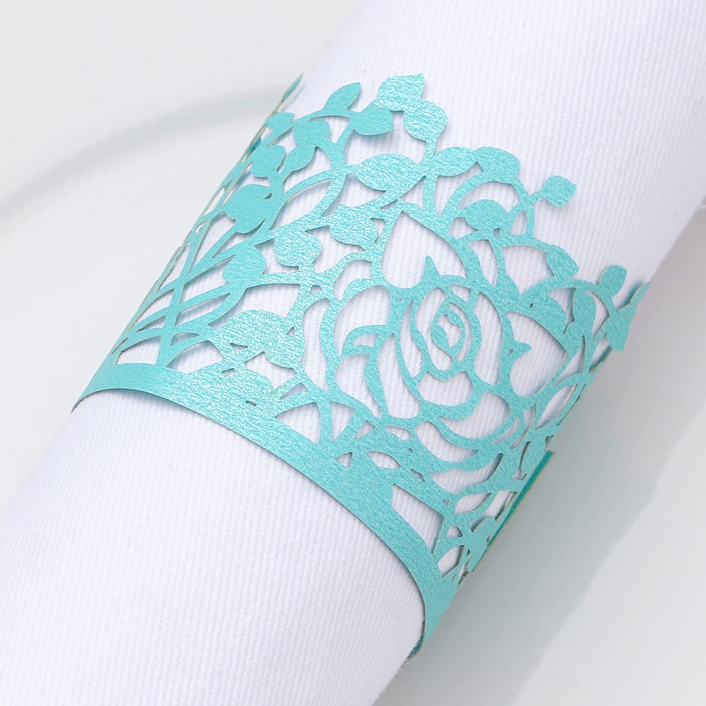 50pcs Disposable Rose Flower Paper Napkin Rings - Leaf Vine Serviette Rings for Wedding, Party & Table Decoration (Blue Roses) | Elegant Dinnerware for Bridal Showers, Baby Showers & Holiday Gatherings