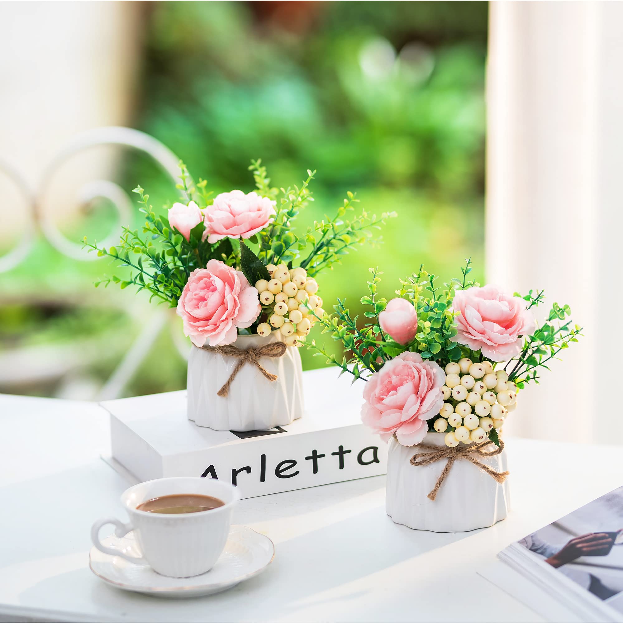 BLOSMON 2-Pack Artificial Pink Silk Roses in Vase - Small Fake Flower Arrangement for Table Centerpieces, Kitchen, Dining Room & Coffee Table Decor - Perfect for Home, Wedding, Office & Party Decorations