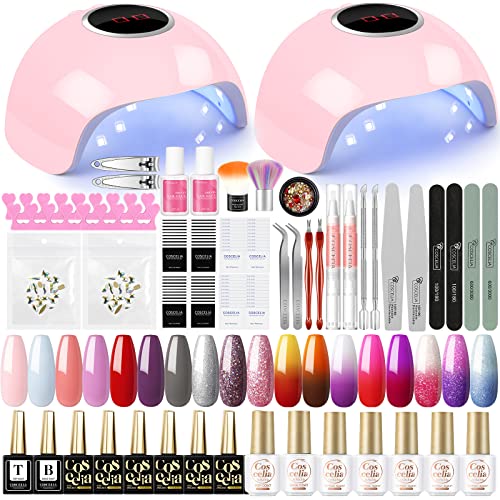 UV LED Nail Polish Kit with 24W Lamp - 10 Colors Gel Polish Set Including Glitter, Nude, Pink, Red & 8 Color Changing Gel - Perfect for Home Manicures & DIY Nail Art (2-Pack)