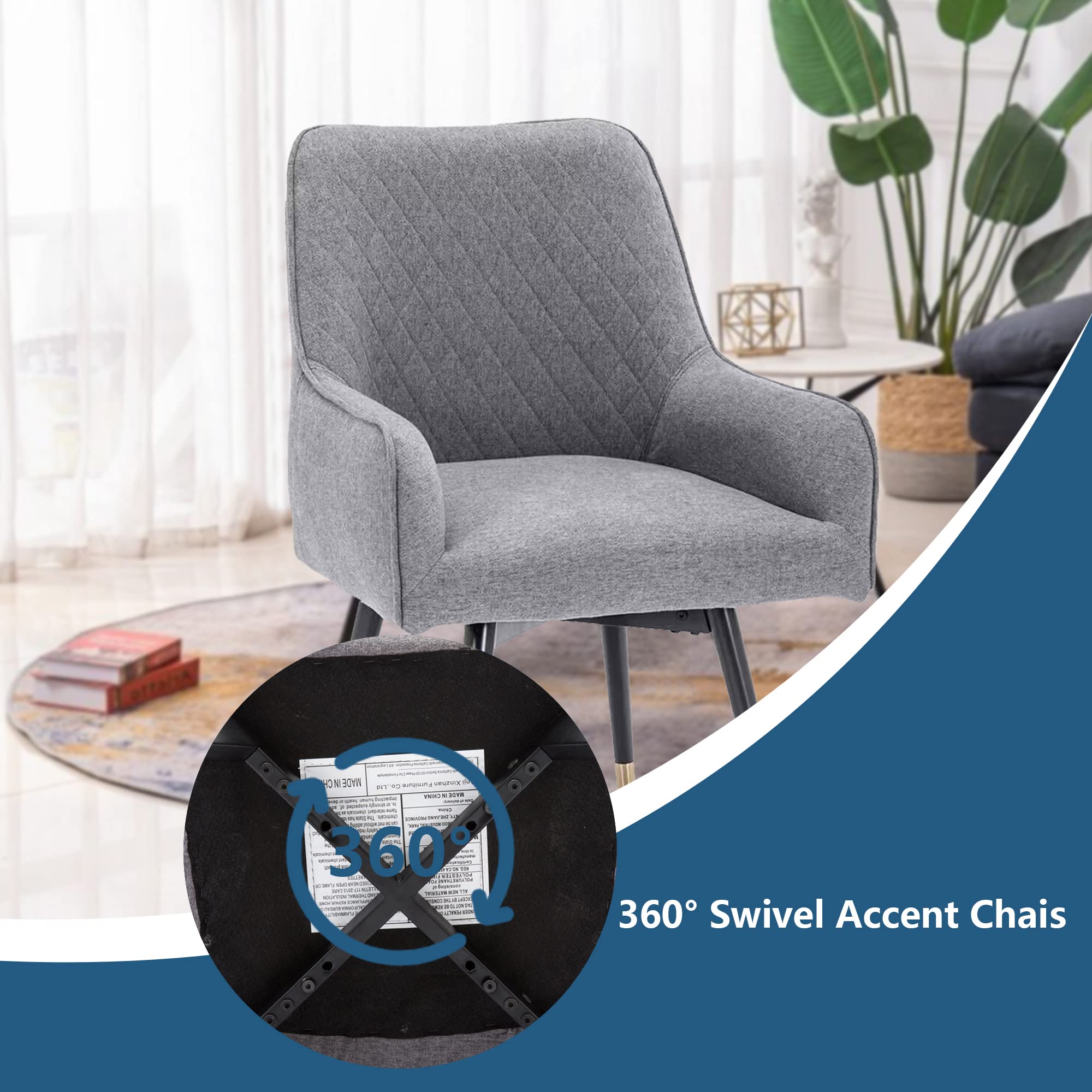 2 Pack Swivel Dining Chairs - Gray Upholstered Accent Chairs with Non-Slip Rubber Caps & Arms for Living Room, Kitchen, Dining Room & Office - Modern Home Furniture Set