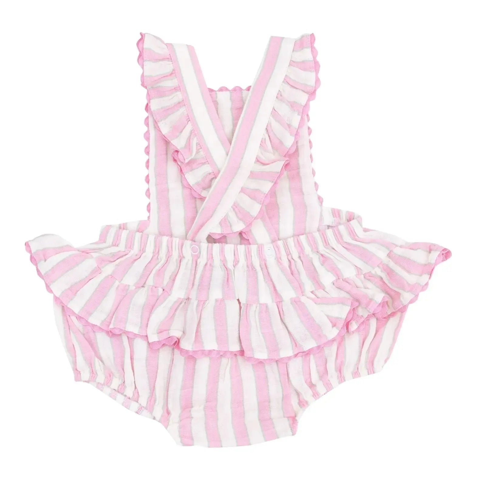 Angel Dear Organic Ric Rac Ruffle Sunsuit - Candy Stripe Baby Girls' Outfit for Summer, Beach & Photoshoots | Soft Cotton Sun Dress for Newborns & Toddlers