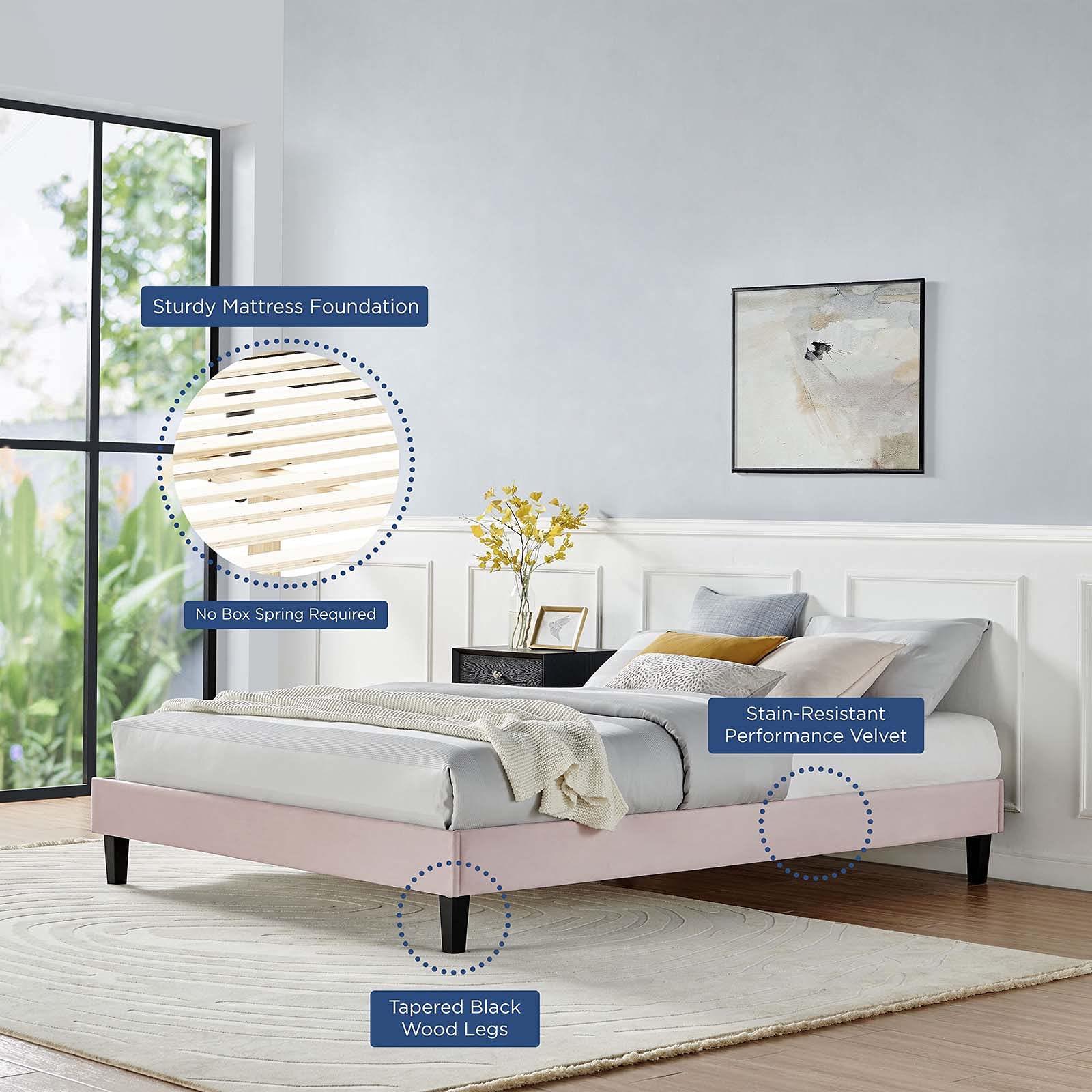 Modway Reign Queen Size Platform Bed Frame in Pink - Modern Minimalist Bedroom Furniture for Small Spaces & Guest Rooms