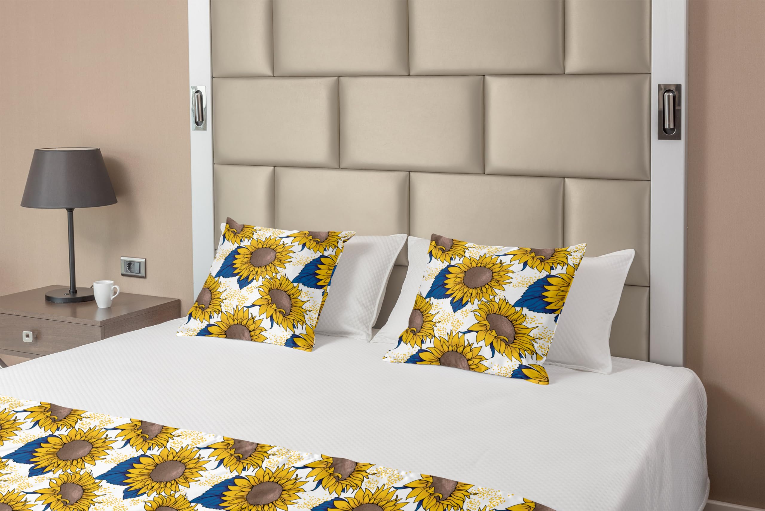 Ambesonne Sunflower Bed Runner Set - Graphic Harvest Themed Cartoon Design Decorative Bedding Scarf with 2 Pillow Shams for Hotels & Homes in Earth Yellow & Blue | Perfect for Farmhouse Decor, Guest Room Styling & Seasonal Bedroom Makeovers