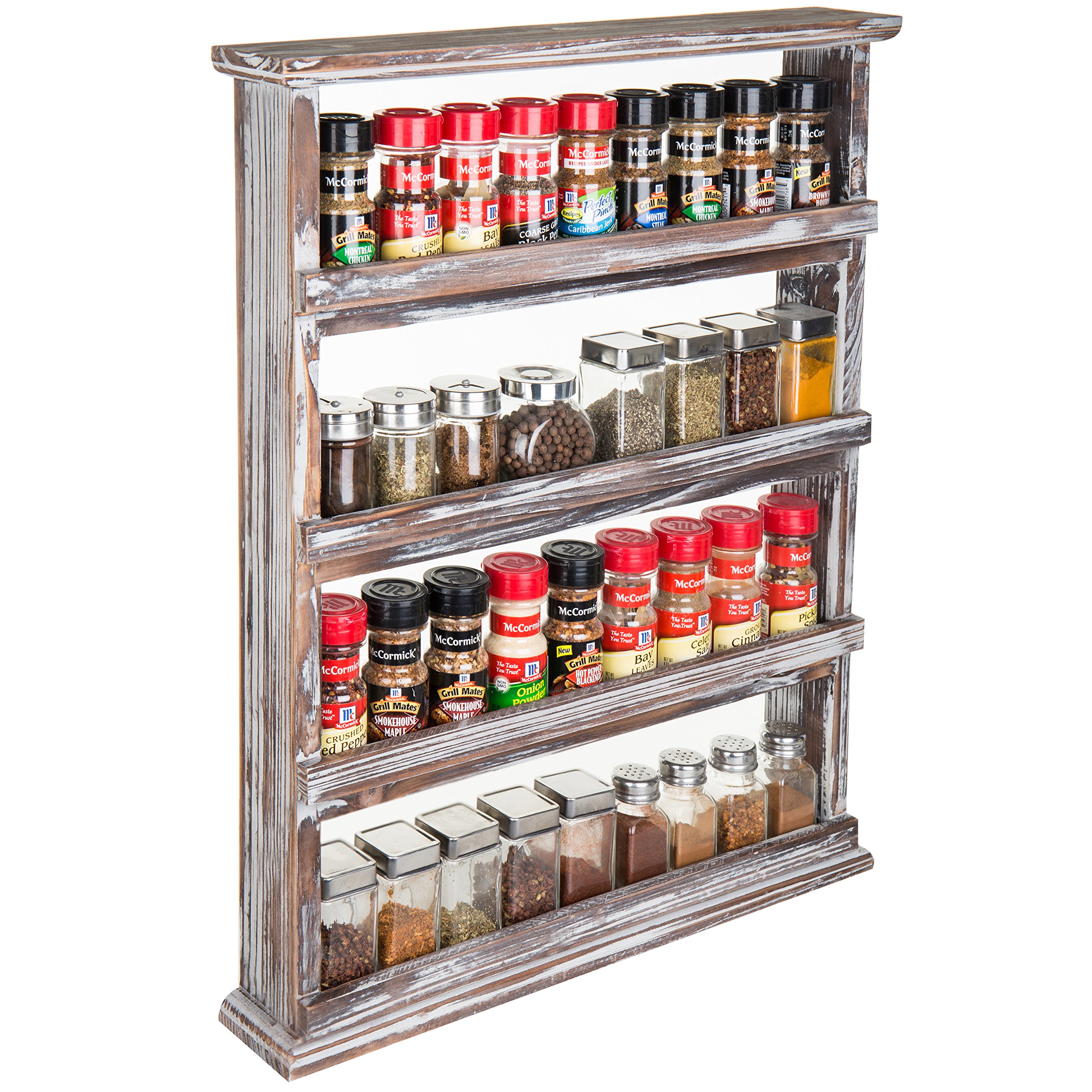 MyGift Rustic Torched Wood Wall Mounted Spice Rack - 4 Tier Pantry Organizer with Seasoning Jar Shelves | Perfect for Kitchen, Dining Room & Small Space Storage Organization