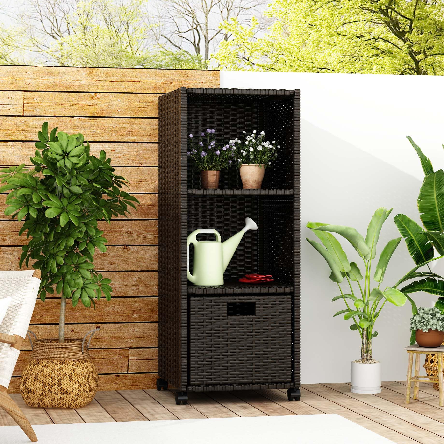 Lovinouse Waterproof Wicker Outdoor Towel Storage Cabinet with Shelves & Drawer - Rolling Wheels Pool Towel Organizer for Patio, Garden, Poolside, Backyard, Porch - Perfect for Beach Towels, Swim Gear & Outdoor Essentials (Brown)