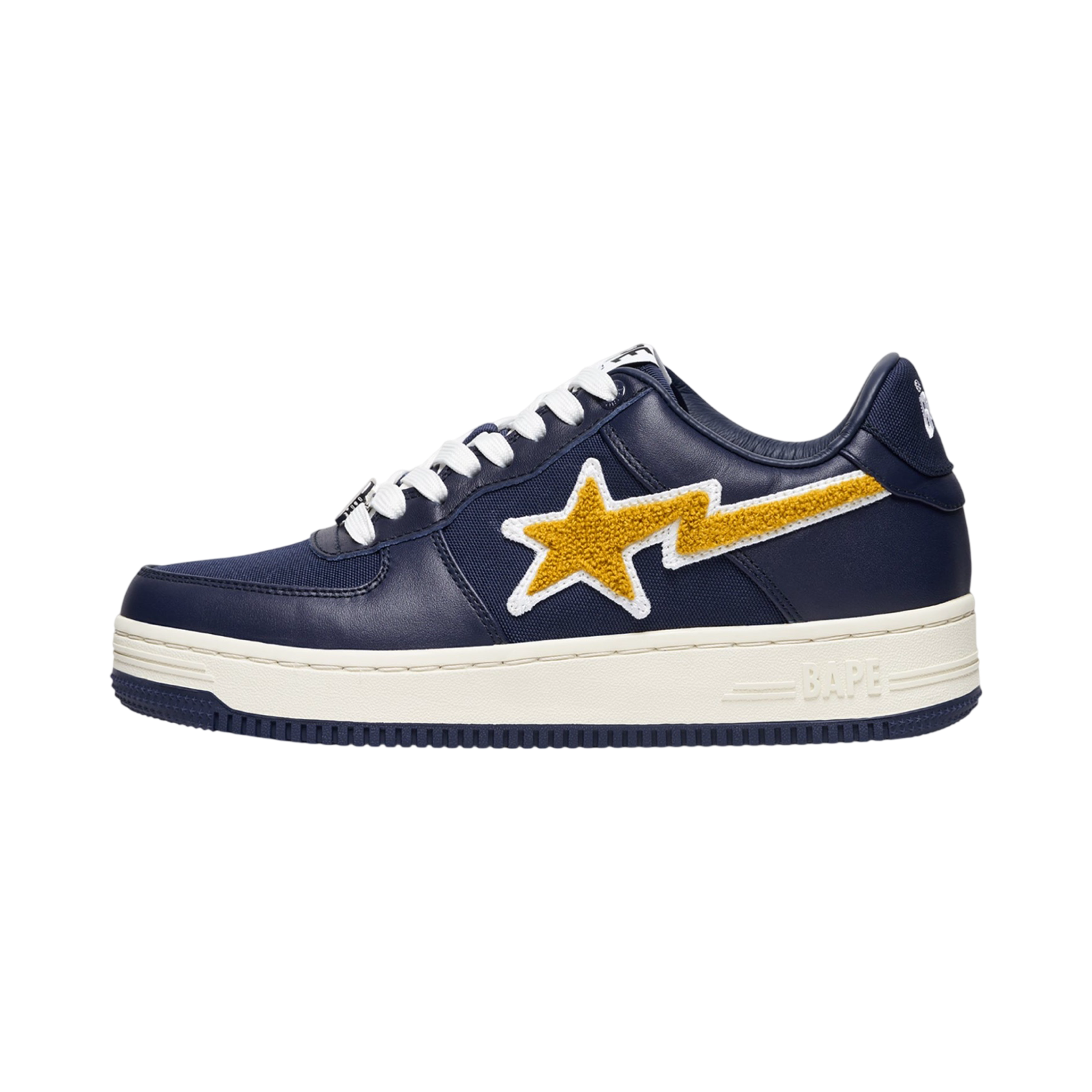 Bapesta Low Sneakers - Navy, Yellow & White Chenille Design | A Bathing Ape x Stadium Goods Collaboration | Streetwear Fashion for Men & Women | Perfect for Casual Wear, Sneaker Collecting & Urban Style