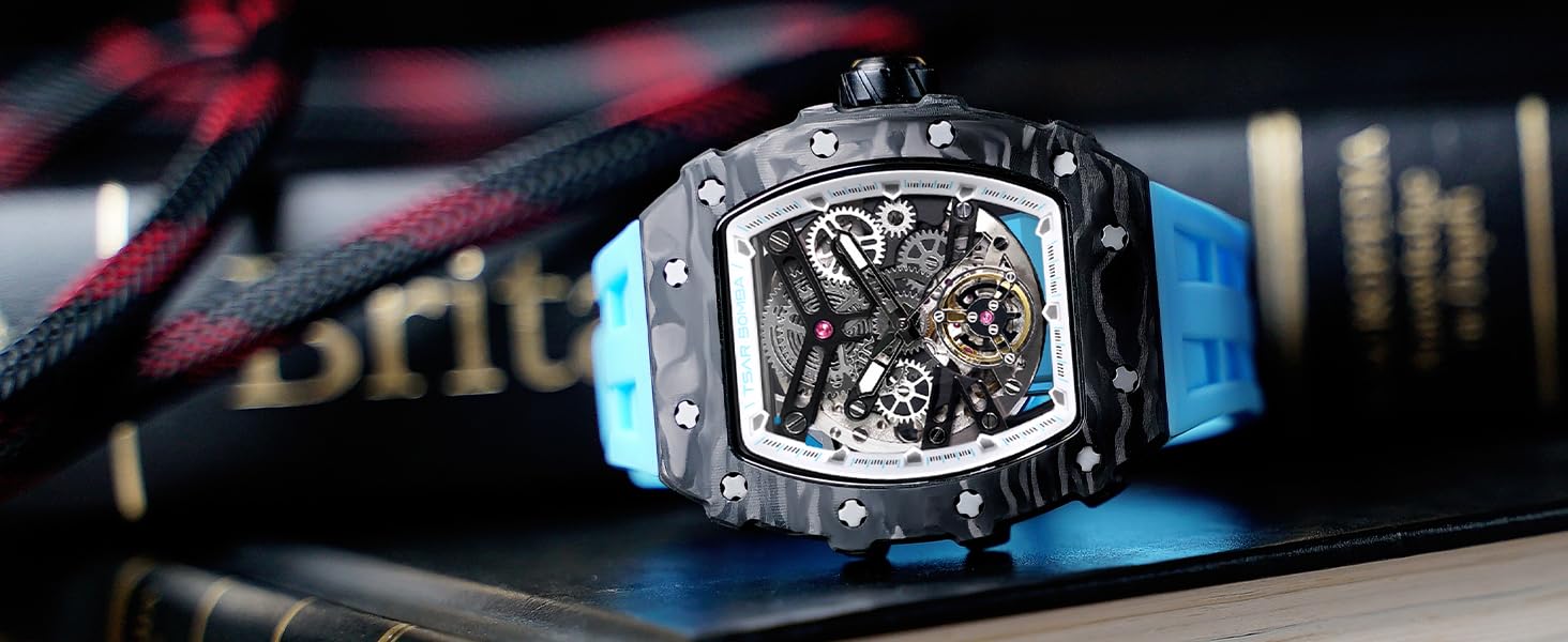 TSAR BOMBA Men's Automatic Skeleton Watch - Luxury Mechanical Tonneau Watch with 50M Waterproof, Big Square Dial & Silicone Strap - Perfect for Business, Formal Events & Everyday Wear