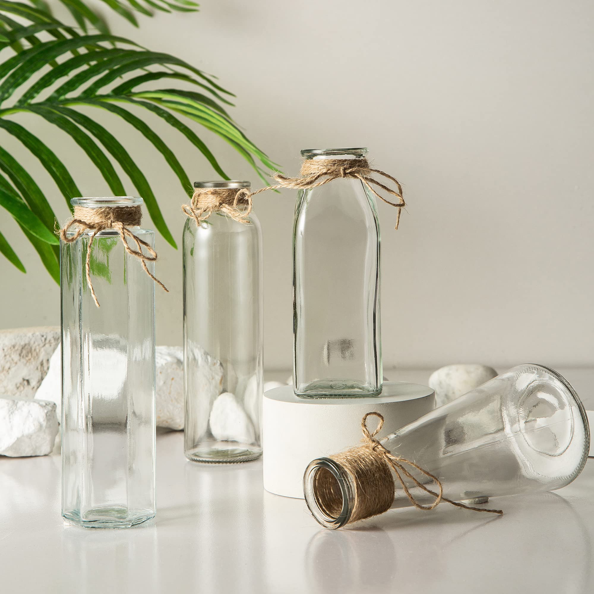 10 Pack Small Clear Glass Vases with Rope Design - Unique Shapes Flower Vases for Home Decor, Wedding Centerpieces, Holiday Table Decorations & DIY Floral Arrangements