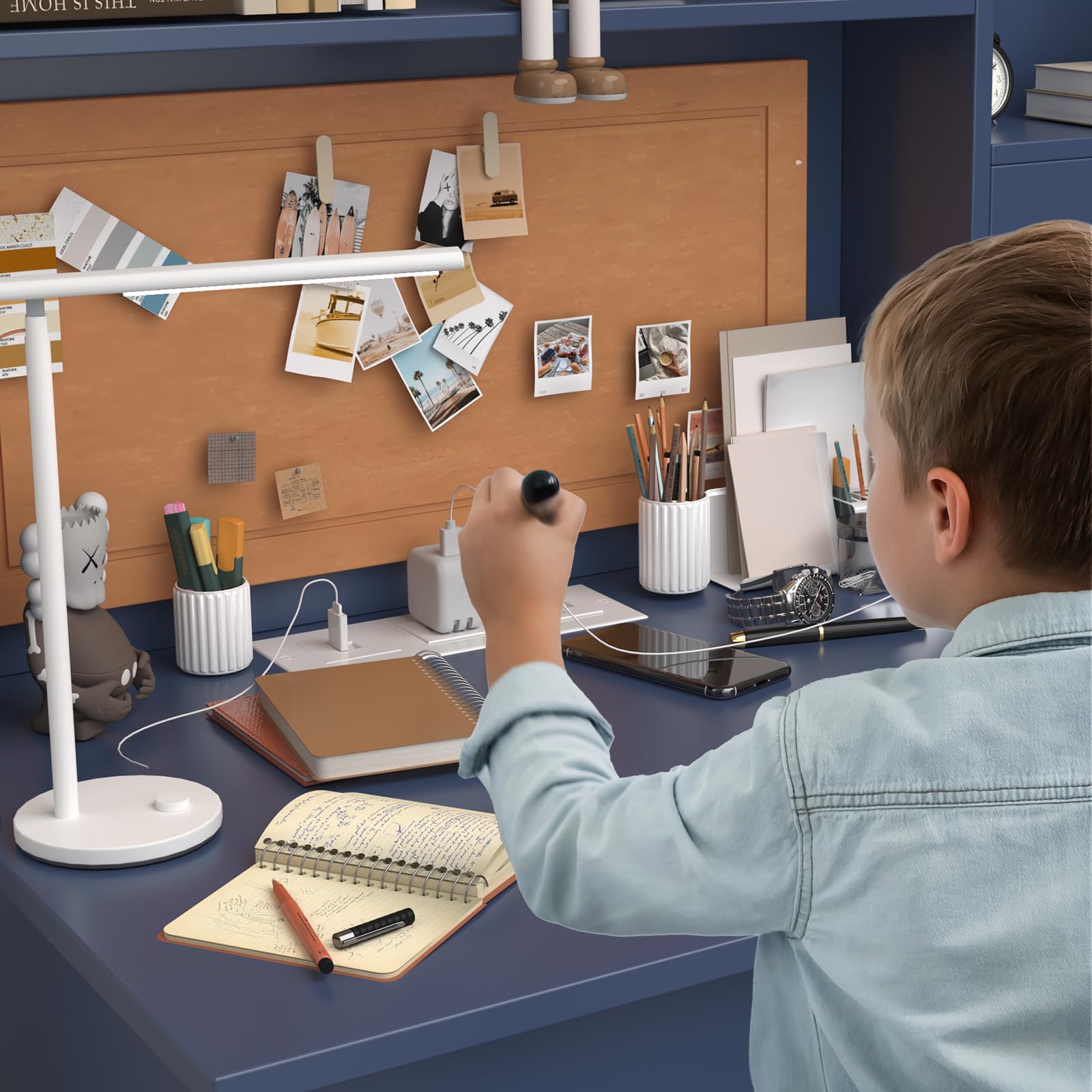 Blue Kids Study Desk and Chair Set with Drawers, Storage Shelf & Charging Station - Ergonomic Computer Desk for Children Ages 5-12 | Perfect for Homeschooling, Online Learning & Bedroom Study Spaces
