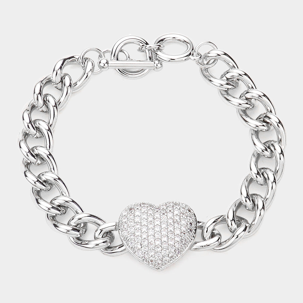 Elegant Silver CZ Heart Charm Toggle Bracelet for Women - Perfect for Valentine's Day Gifts, Anniversary Presents & Romantic Date Nights