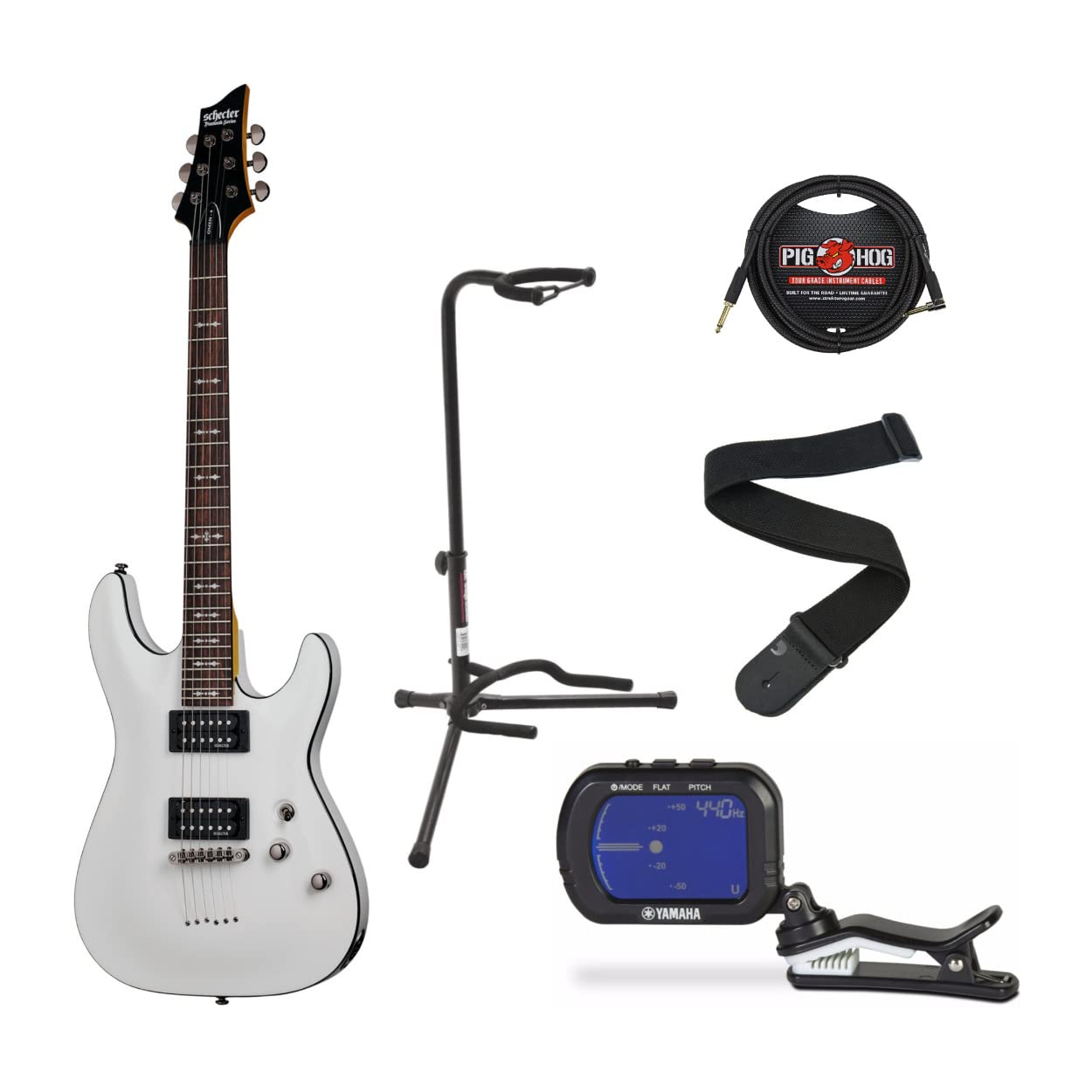 Schecter Omen-6 Electric Guitar Bundle - Right-Handed 6-String Guitar in Vintage White with Tuner, Stand, Cable & Strap (5-Piece Set) | Perfect for Beginners, Live Performances & Home Practice