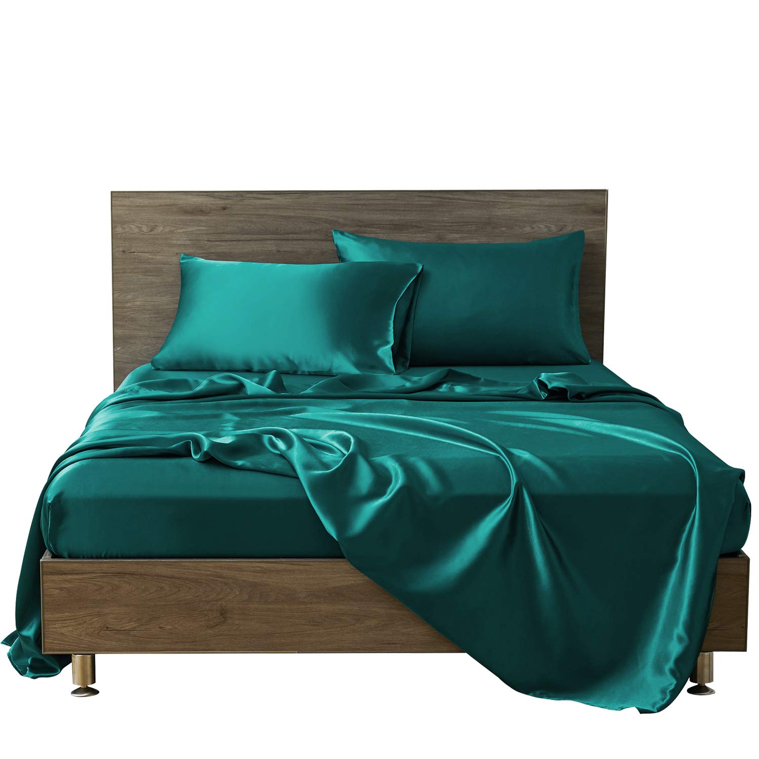 Soft Luxurious 6-Piece Teal Blue 100% Silk Satin Bed Sheet Set - Queen Size (Flat Sheet + Fitted Sheet 15'' Deep Pocket + 4 Pillowcases) - Breathable, Durable Satin Sheets for Hotel-Style Comfort - Perfect for Master Bedroom, Guest Room & Luxury Home Decor