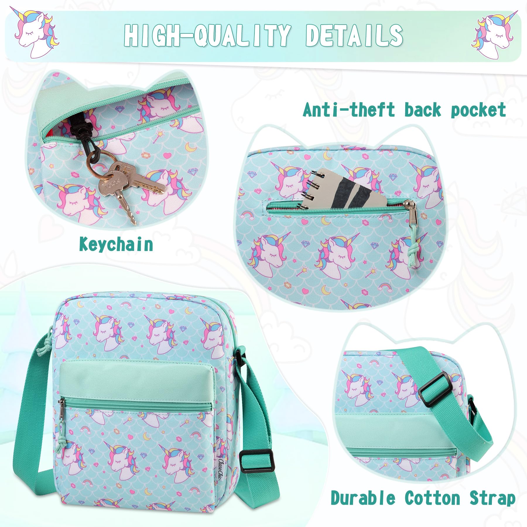 **ChaseChic Unicorn Crossbody Bag for Girls - Cute Waterproof Shoulder Purse with Bottle Holder, Book & Snack Pocket - Perfect for School, Travel & Everyday Use**