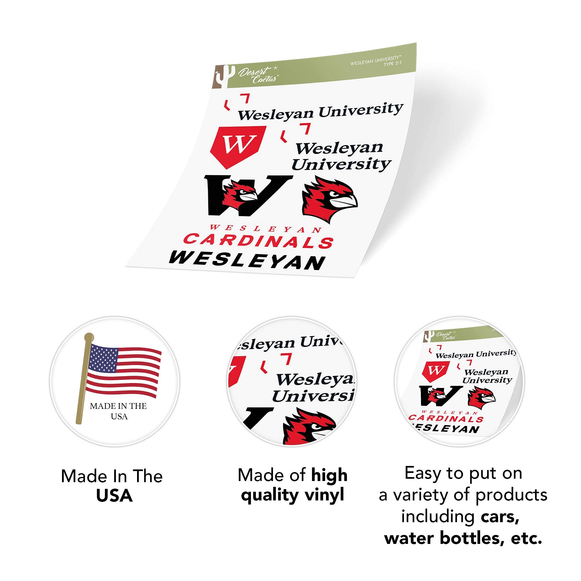 Desert Cactus Wesleyan University Cardinals Vinyl Stickers - Waterproof Decals for Laptop, Water Bottle, Car & Scrapbook - Perfect for College Dorm Decor, School Spirit & Fan Gifts