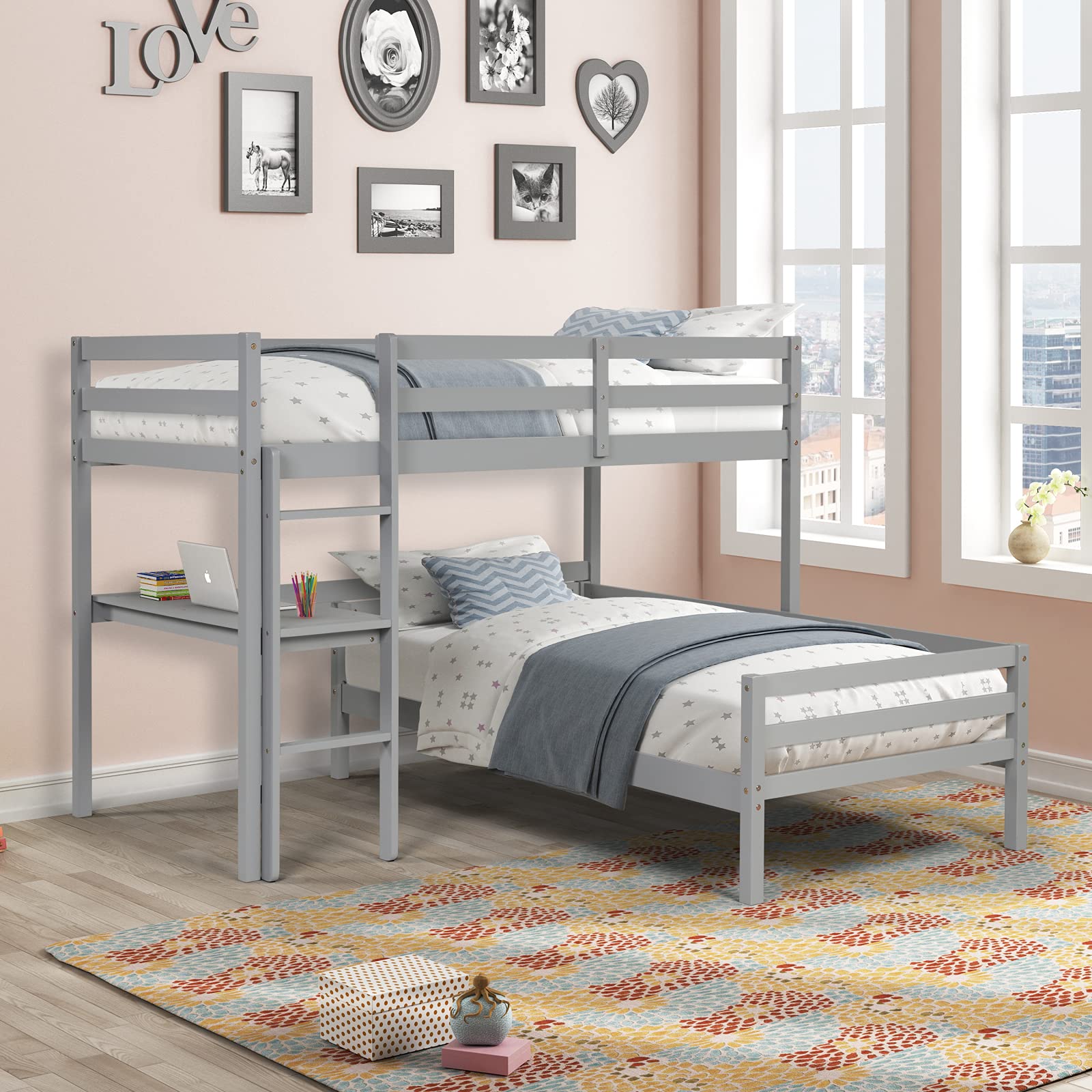 Twin Over Twin Bunk Bed with Desk - Wooden L-Shaped Loft Bed Frame, Full-Length Guardrail & Ladder, Convertible to 2 Separate Beds for Kids, Teens & Adults - Space-Saving Grey Bedroom Furniture for Small Rooms, Dorms & Guest Rooms