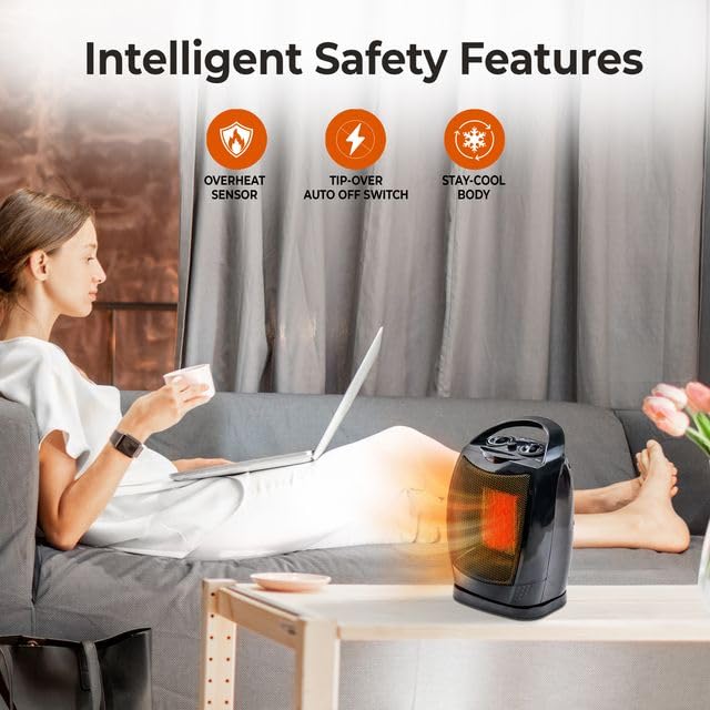 Comfort Zone Portable Ceramic Space Heater - 1500W Fast Heating, 70° Oscillation, Thermostat Control | Quiet Fan Forced Heater for Bedroom, Office & Small Rooms up to 200 Sq.Ft | Indoor Use for Winter, Home & Office Warming (Black)
