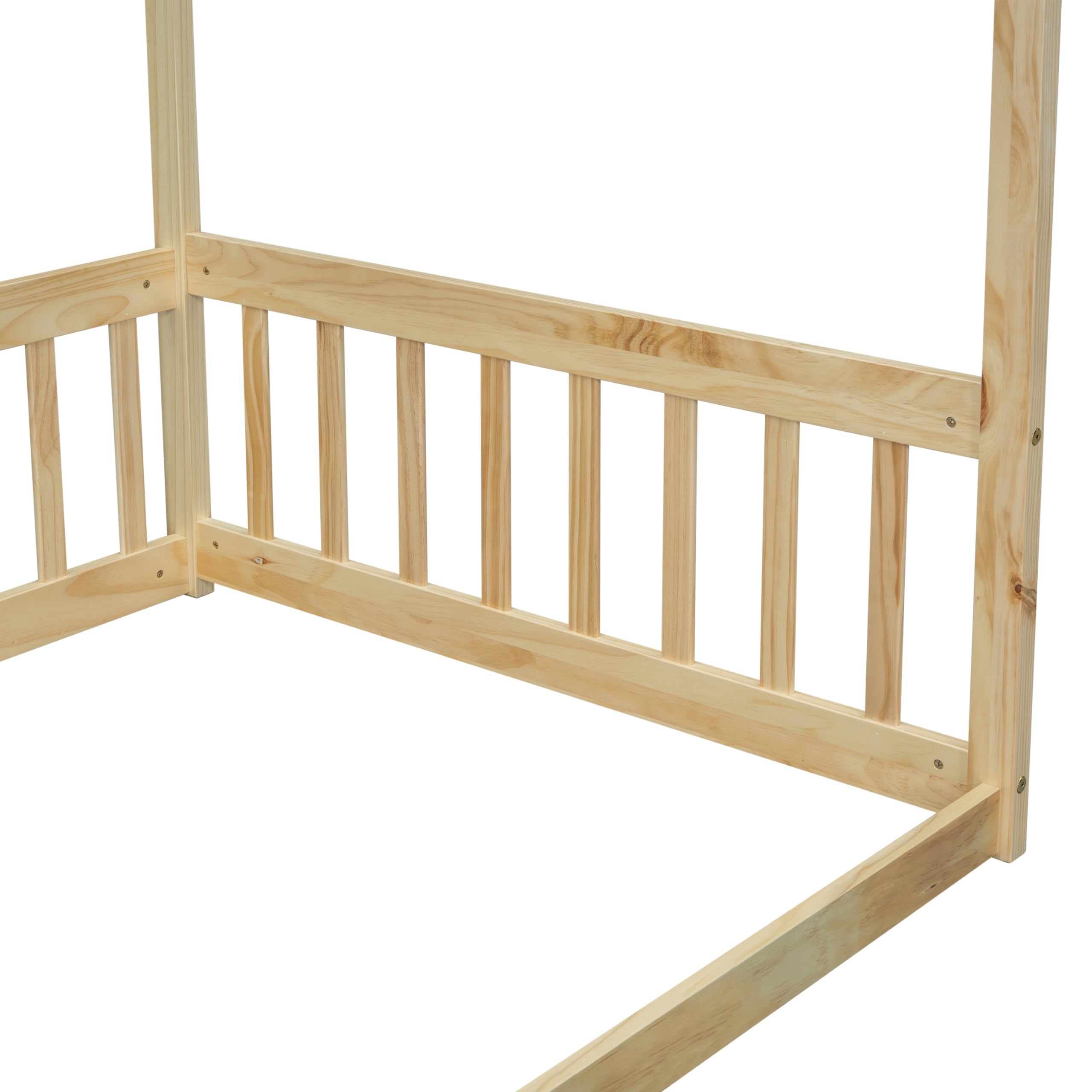Twin Size Wooden Canopy Bed Frame with Guardrails for Kids - Montessori Floor Bed with Four Poster Design - Natural Wood Toddler Bed for Girls & Boys - Perfect for Bedrooms, Playrooms & Montessori Learning Spaces