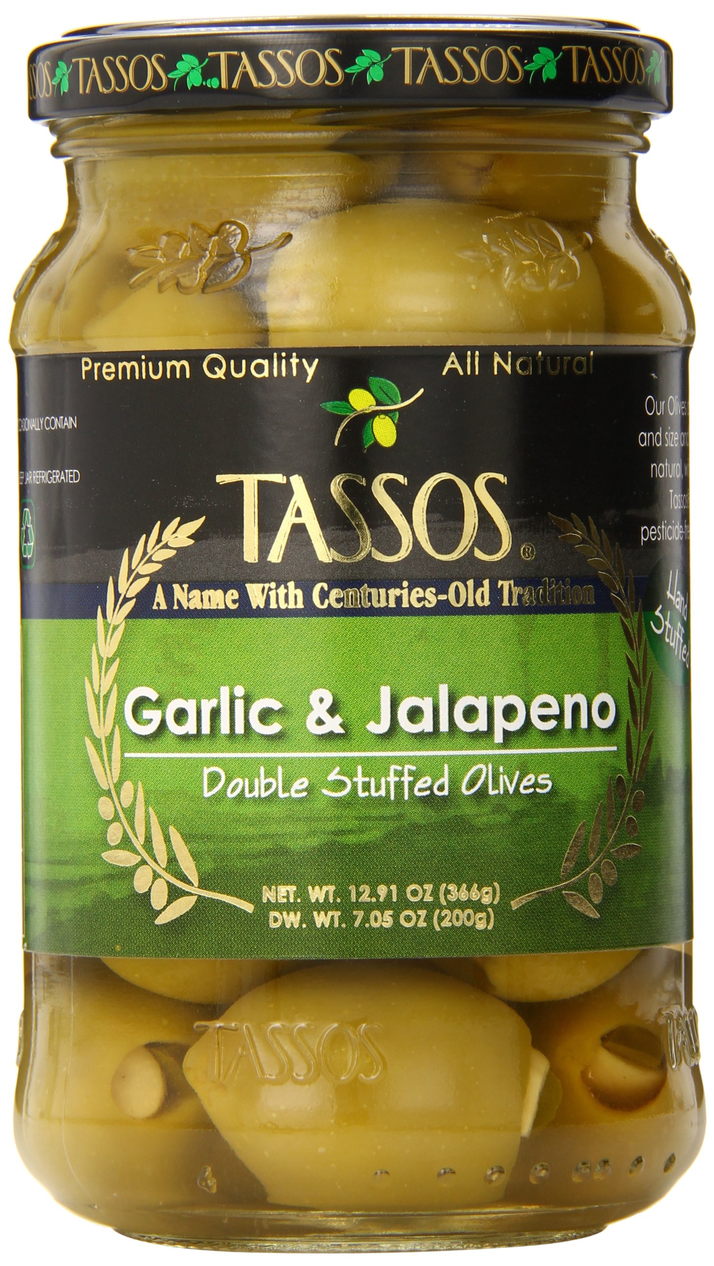 Tassos Stuffed Green Olives with Garlic & Jalapeno - 13.1 oz Jar | Premium Mediterranean Snack for Charcuterie Boards, Salads & Cocktails