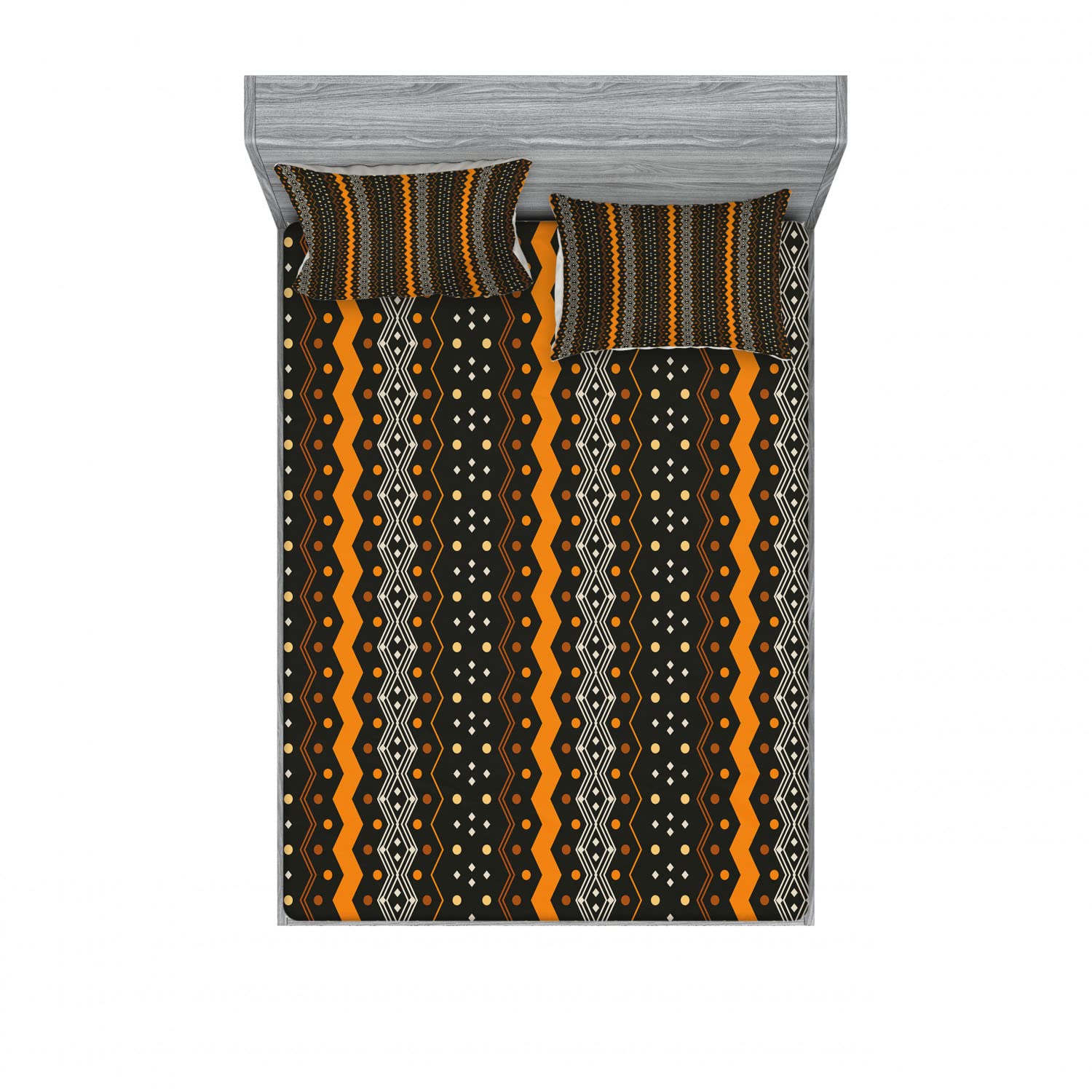 Ambesonne 2-Pack Abstract Folk Pattern Fitted Sheet & Pillow Sham Set - Full Size 4-Piece Bedding Decor (2 Fitted Sheets + 4 Pillow Covers) in Marigold & Black - Perfect for Bohemian & Eclectic Home Decor, Guest Room Makeover, and Cozy Bedroom Upgrade