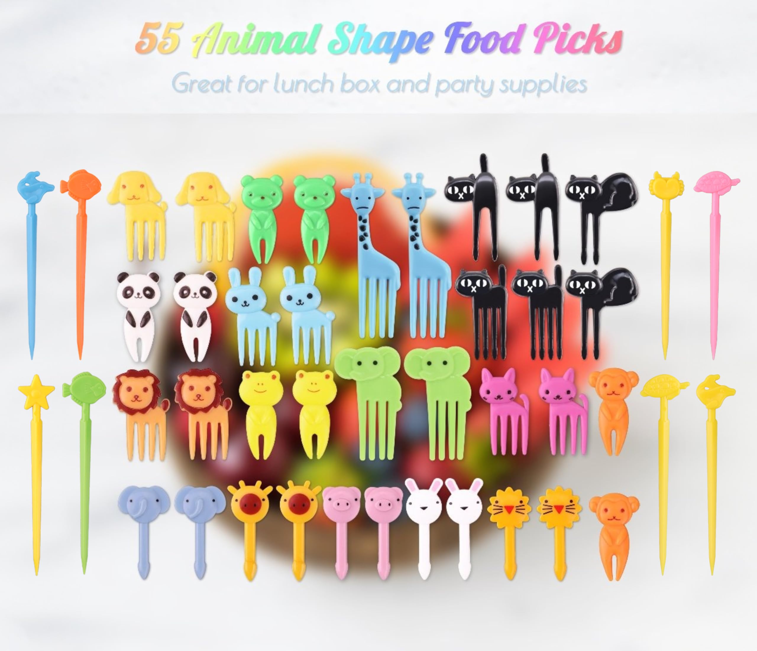 55 Pcs Cute Cartoon Animal Food Picks for Kids - BPA-Free Reusable Fruit Toothpicks for Bento Box, Lunch & Snacks - Fun Party, Picnic & School Lunch Accessories