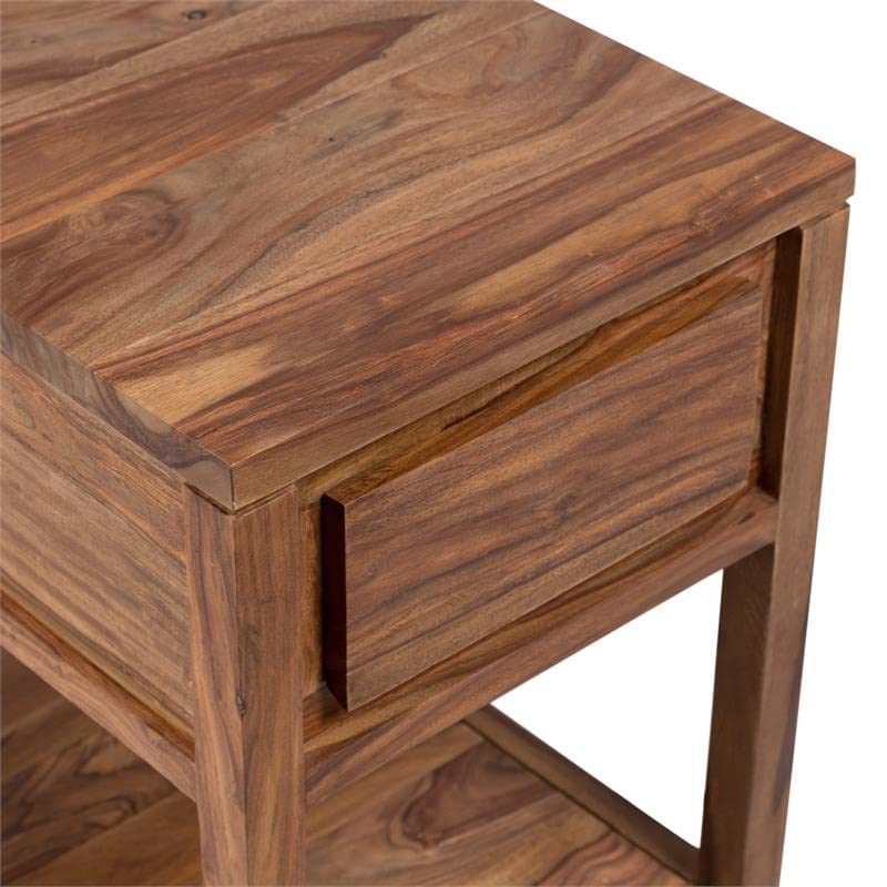 Mid-Century Modern Wood End Table with Drawer - Natural Brown Finish for Living Room, Bedroom & Office Decor