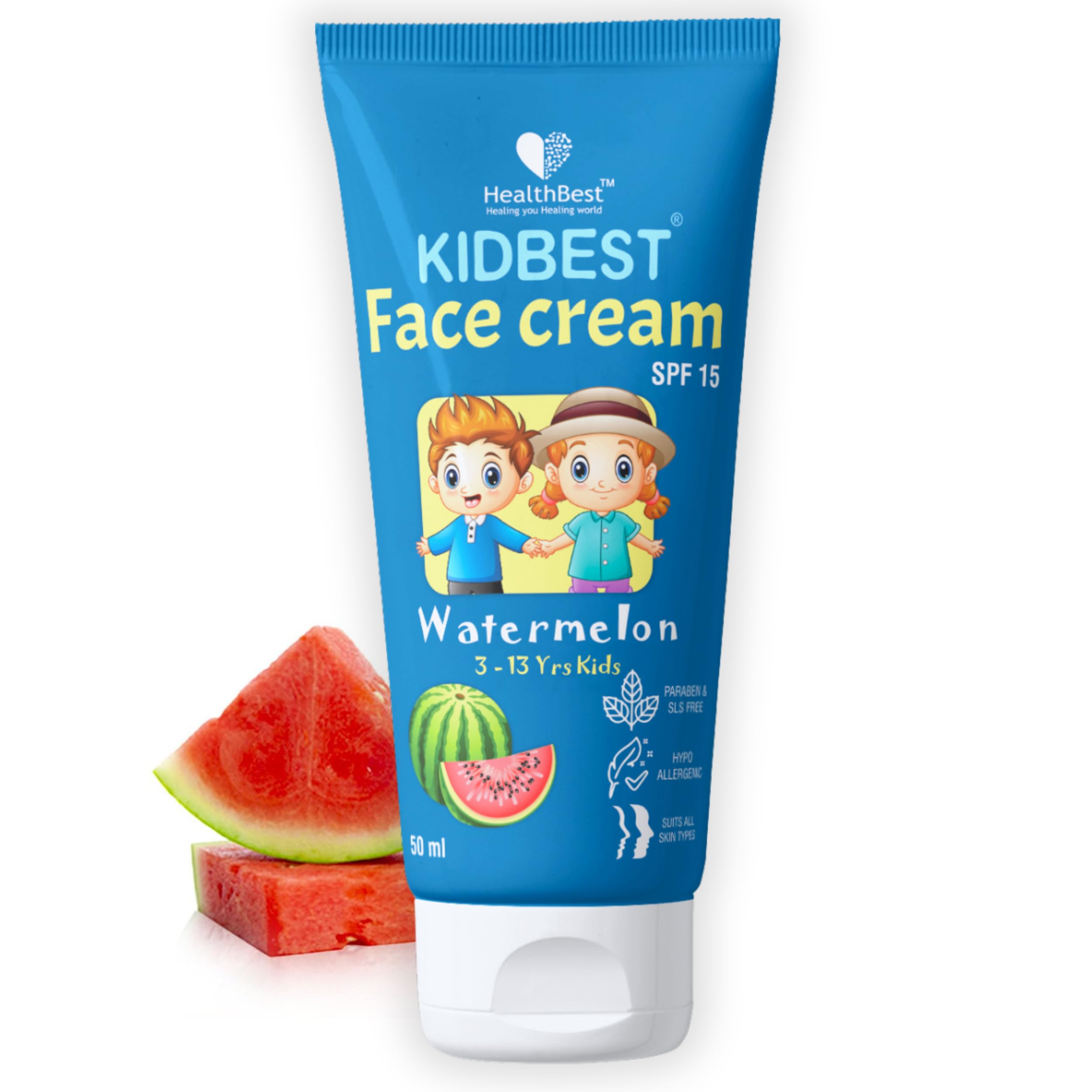 Healthbest Kids Face Cream SPF 15, 50ml - Organic Baby Moisturizer with Sun Protection | Gentle, Tear-Free Formula for Sensitive Skin | Paraben-Free, SLS-Free, Watermelon Scented | Perfect for Daily Use, Outdoor Play & Sun Protection