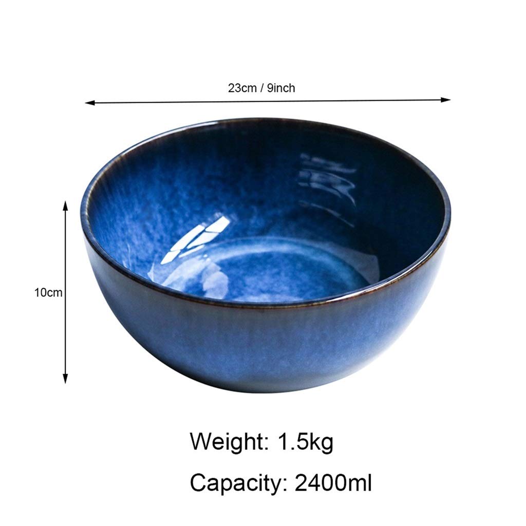 Japanese Large Ceramic Salad Bowl 82oz - Handmade Retro Soup Bowl for Asian Noodles, Fruits & Salads - Unique Decorative Tableware for Kitchen & Dining Room (Blue)