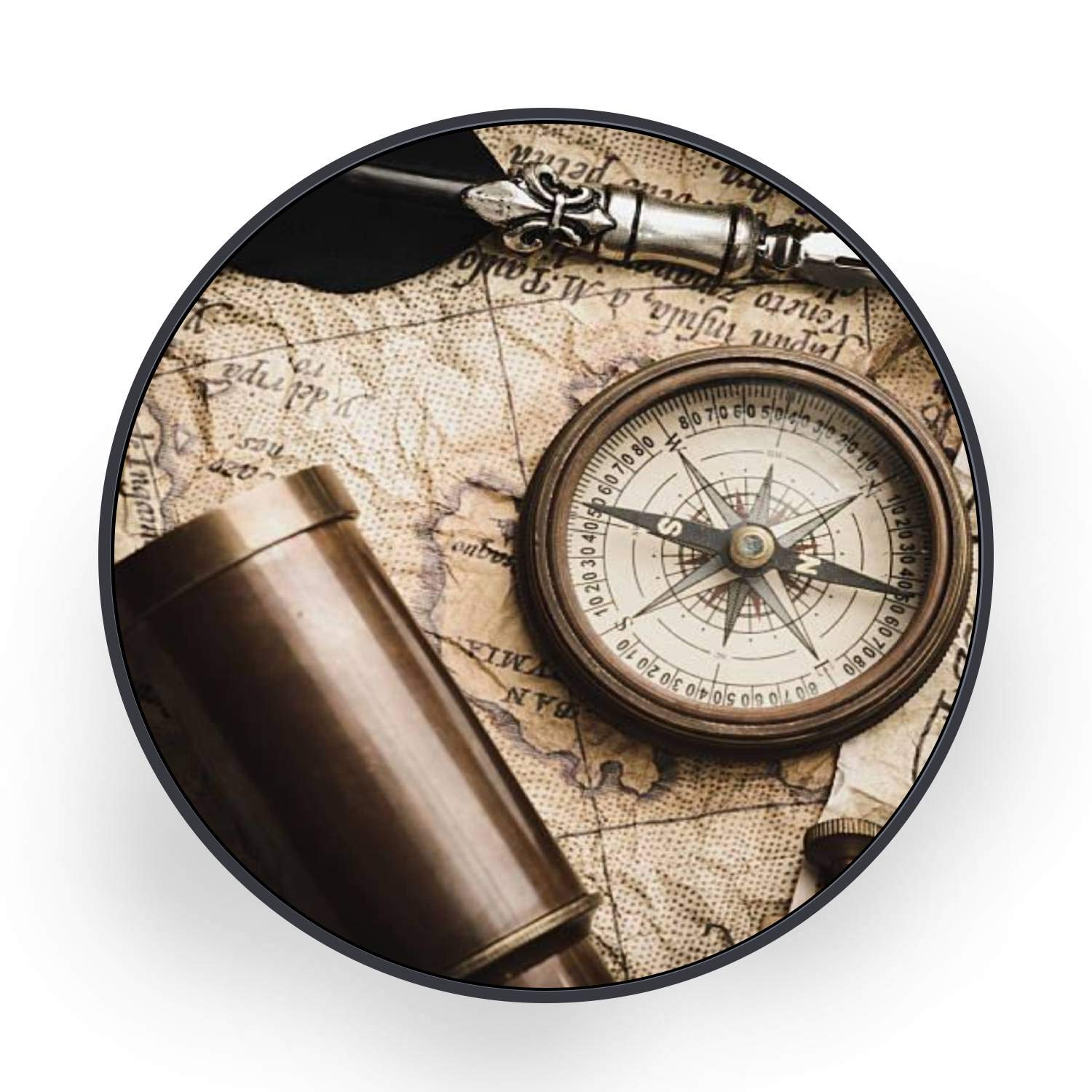 Vintage Marine Still Life Round Canvas Wall Art - Black Framed Ready to Hang Painting for Bedroom & Living Room Decor - 32 Inch - Perfect for Coastal, Nautical & Beach House Themes