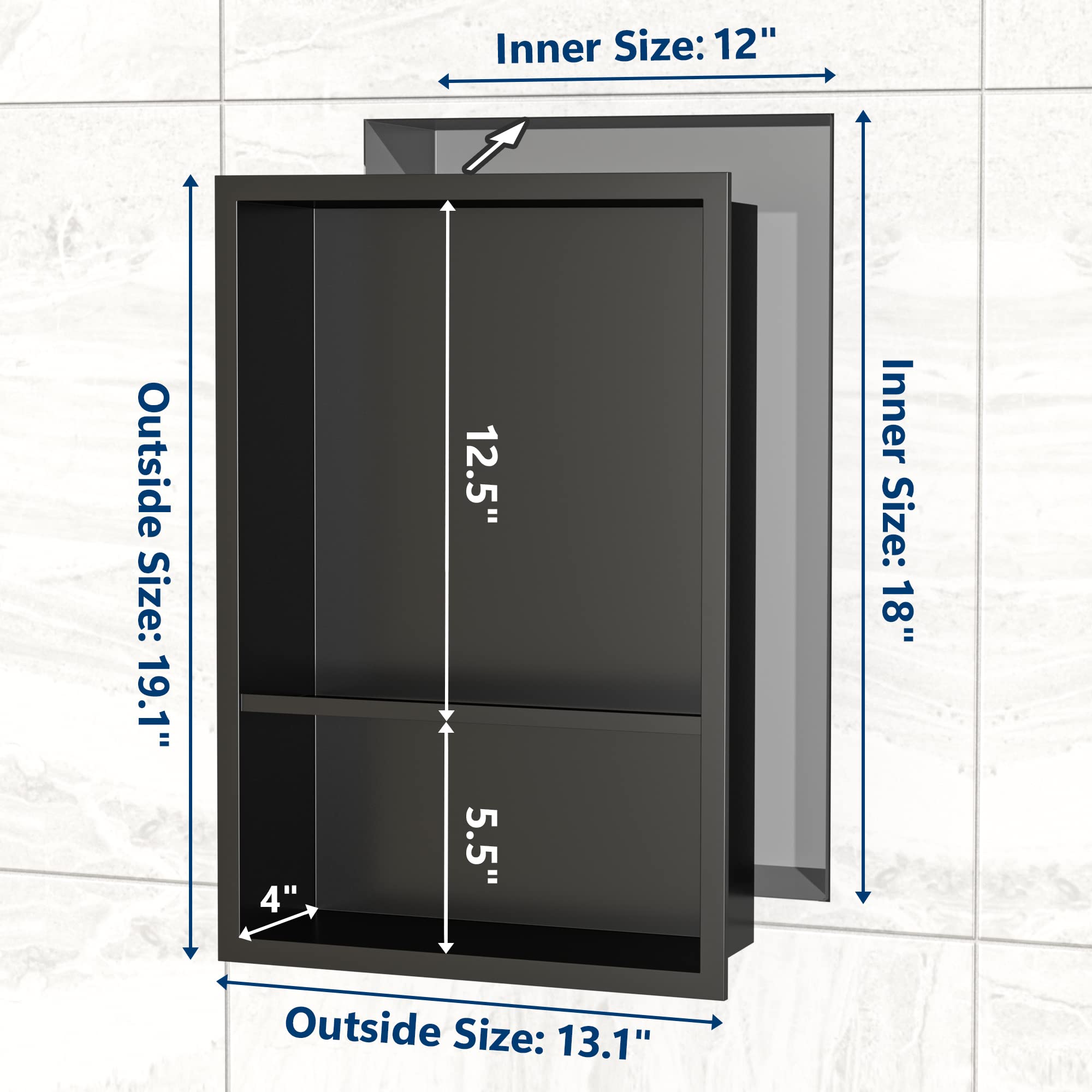 18x12 Inch Stainless Steel Shower Niche with Double Shelves - No Tile Needed Recessed Bathroom Wall Storage - Matte Black Finish for Modern Showers & Spa Bathrooms