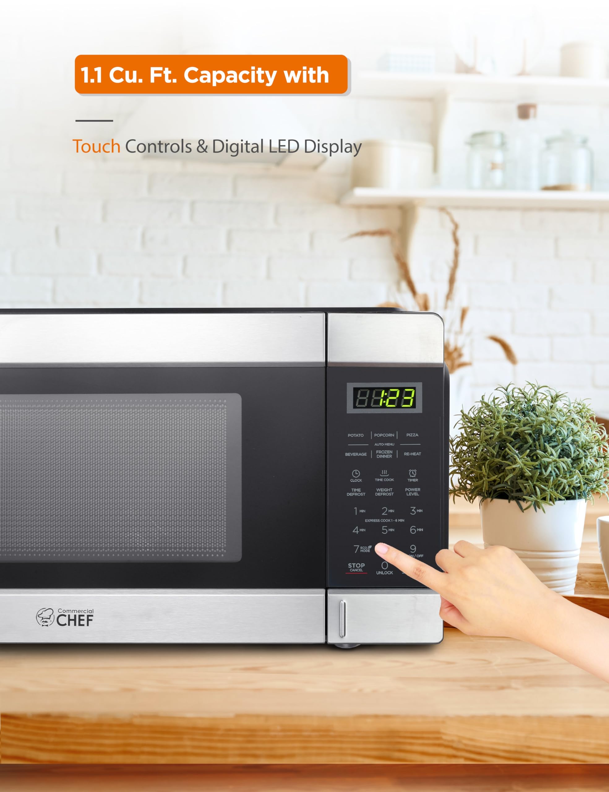 Commercial CHEF 1.1 Cu. Ft. Countertop Microwave Oven - Stainless Steel & Black - Perfect for Restaurants, Offices & Small Kitchens