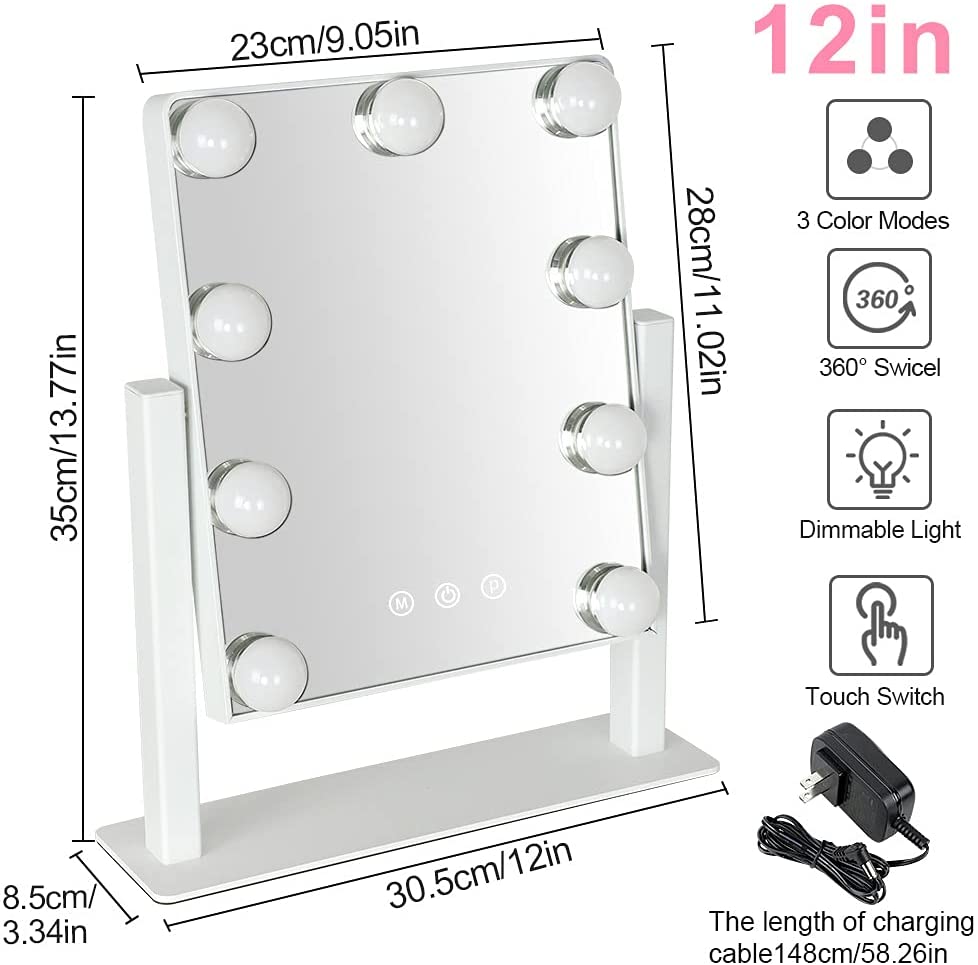 Depuley 14 x 12 Inch Hollywood Vanity Mirror with Lights - 10X Magnification, 9 Dimmable LED Bulbs, Touch Screen & 360° Rotation - White Makeup Mirror (35 x 30 cm) for Bedroom, Dressing Room & Beauty Salon