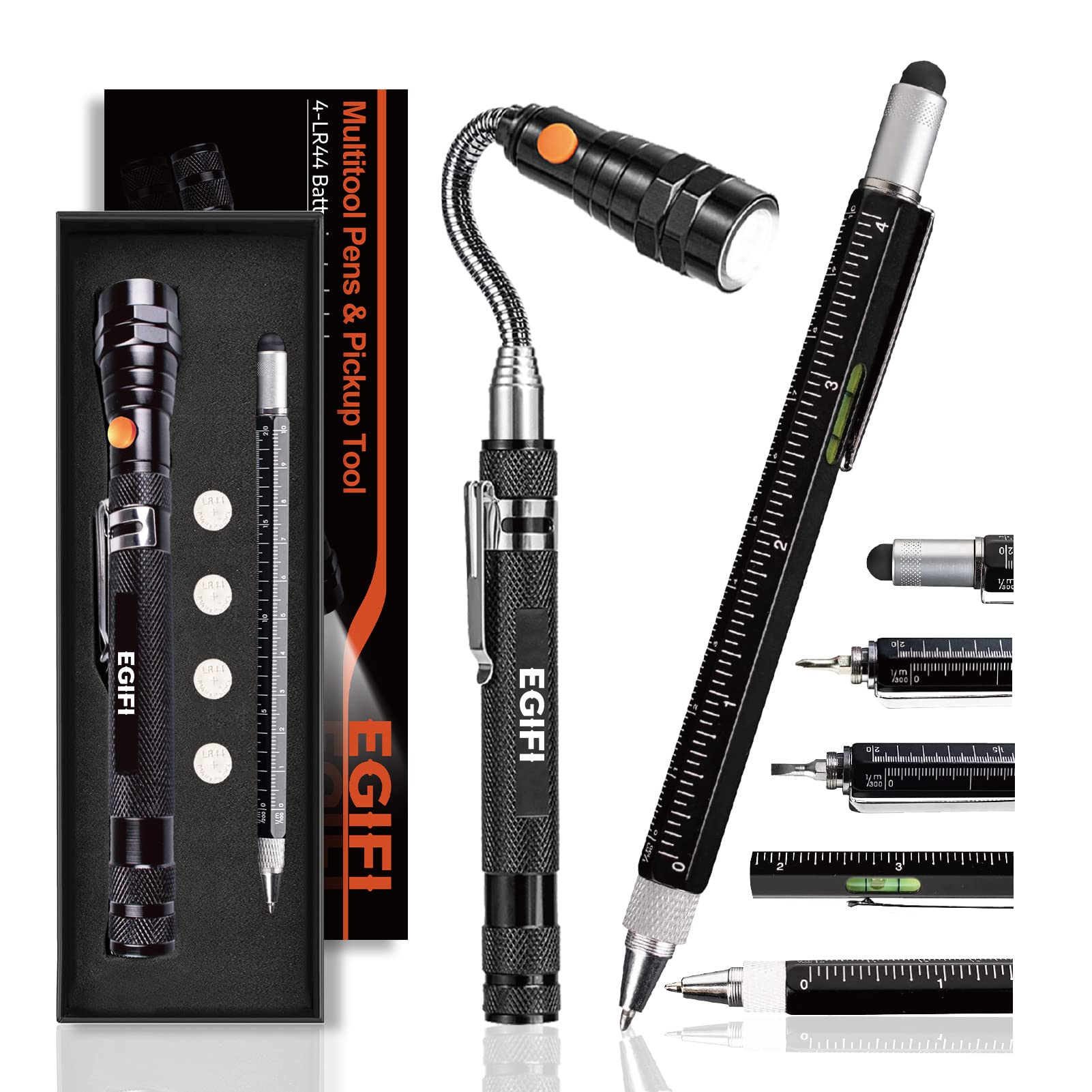 6-in-1 Magnetic Pickup Tool & Multitool Pen with Stylus, Ruler, Bubble Level, Screwdrivers - Perfect Father's Day/Birthday Gift for Men - Great for DIY, Office, and Everyday Carry (EDC)