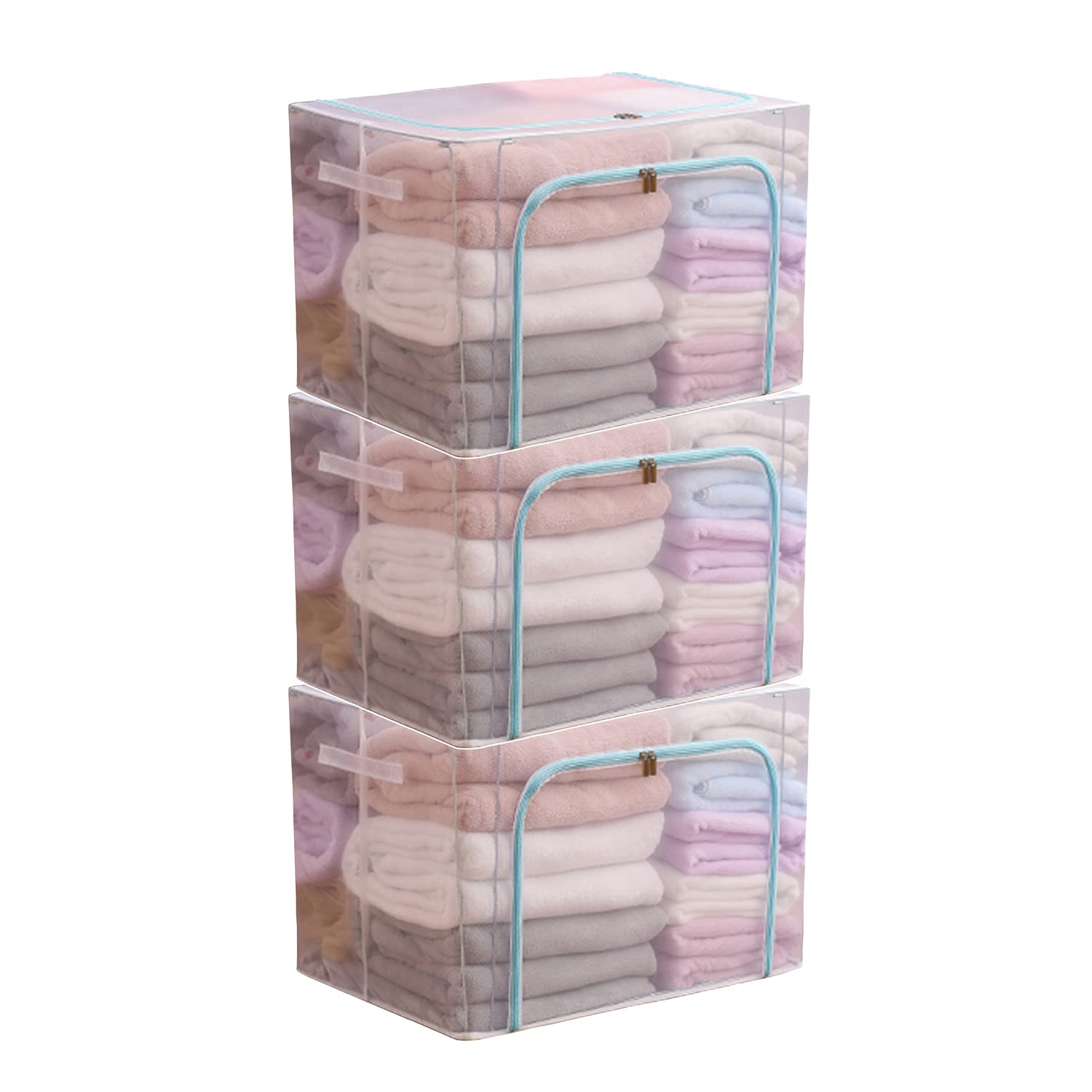 Premium Steel Frame Storage Bins with Lids - Extra Large Transparent Folding Wardrobe Box (110L x 3Pcs) - Ideal for Quilt, Seasonal Clothing & Home Organization - Durable PVC/Nylon Fabric in Sky Blue