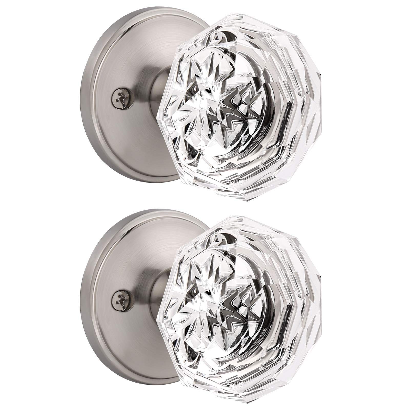 2 Pack Clear Crystal Door Knobs - Heavy Duty Glass Passage Door Handles for Interior Doors, Closets, Hallway & Pantry - Modern Design with Satin Nickel Finish - Perfect for Bedroom, Bathroom & Cabinet Doors