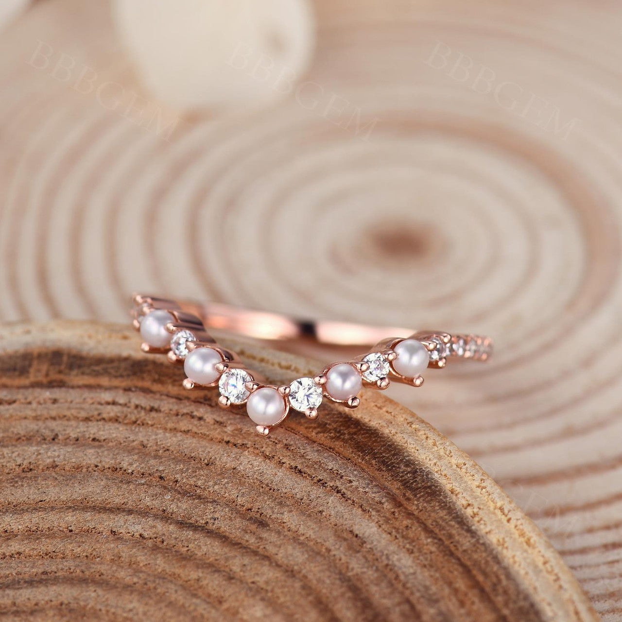 14K Rose Gold Petite V-Shaped Pearl & Diamond Stacking Ring for Women - Elegant Curve Band for Layering, Stacking, and Everyday Wear