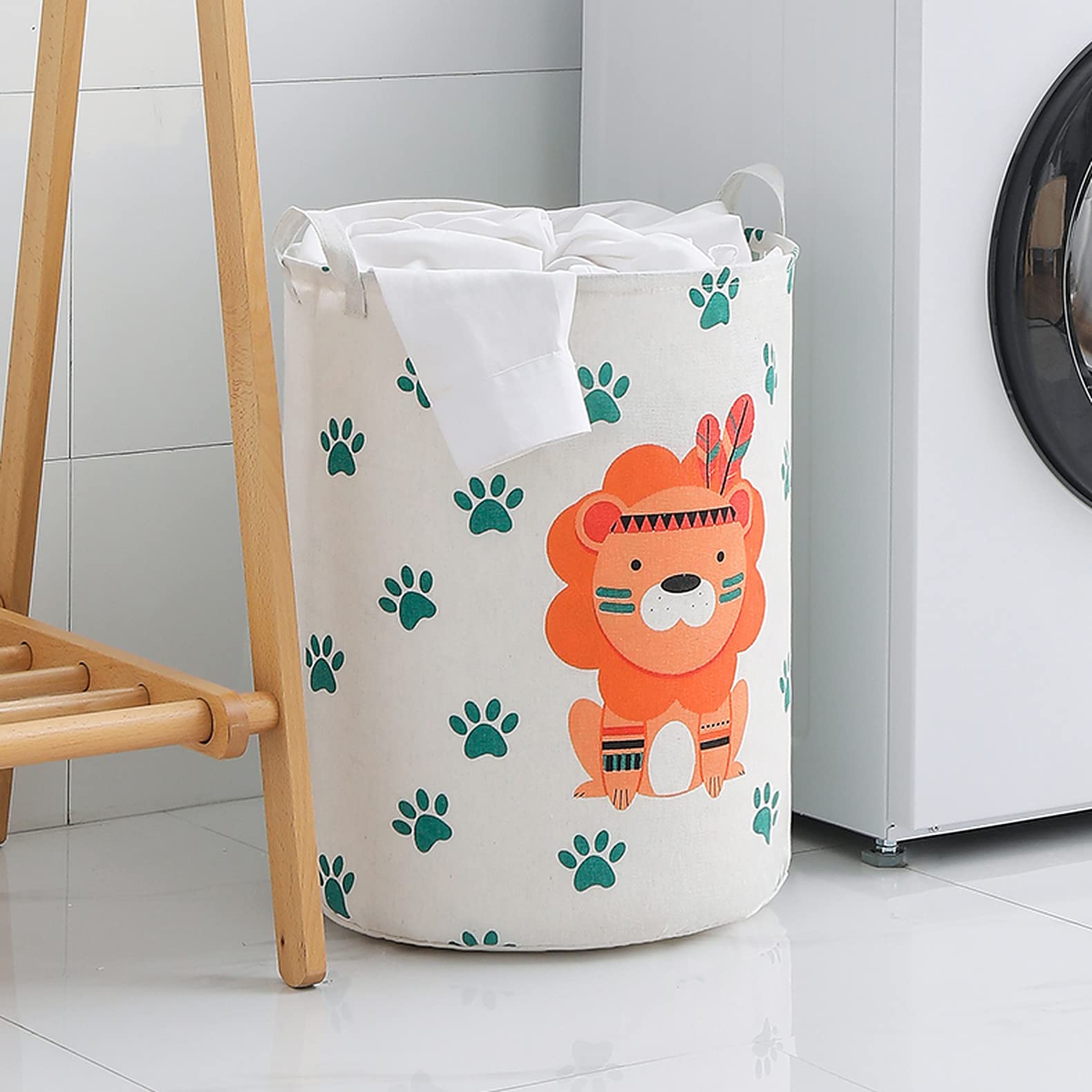 Wolpin Waterproof Laundry Bag & Toy Storage Organizer - Foldable, Moistureproof, Large 63L Capacity with Handles (Lion White, Cotton) - Perfect for Kids' Room, Travel, Camping & Home Organization