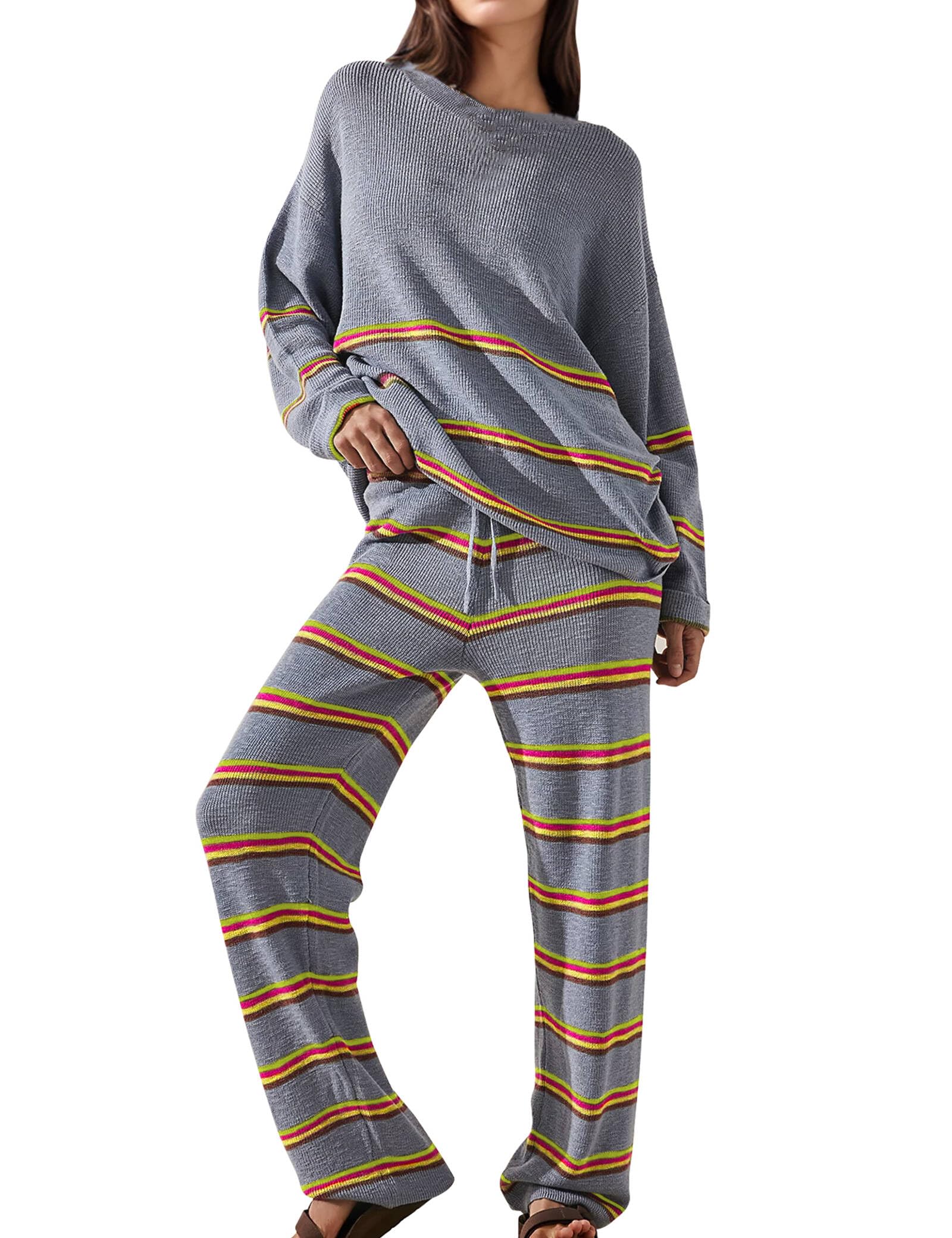 Women's Striped Sweater Two-Piece Lounge Set - Comfy Matching Outfit for Fall 2024 Fashion | Cozy Homewear, Casual Wear & Winter Loungewear