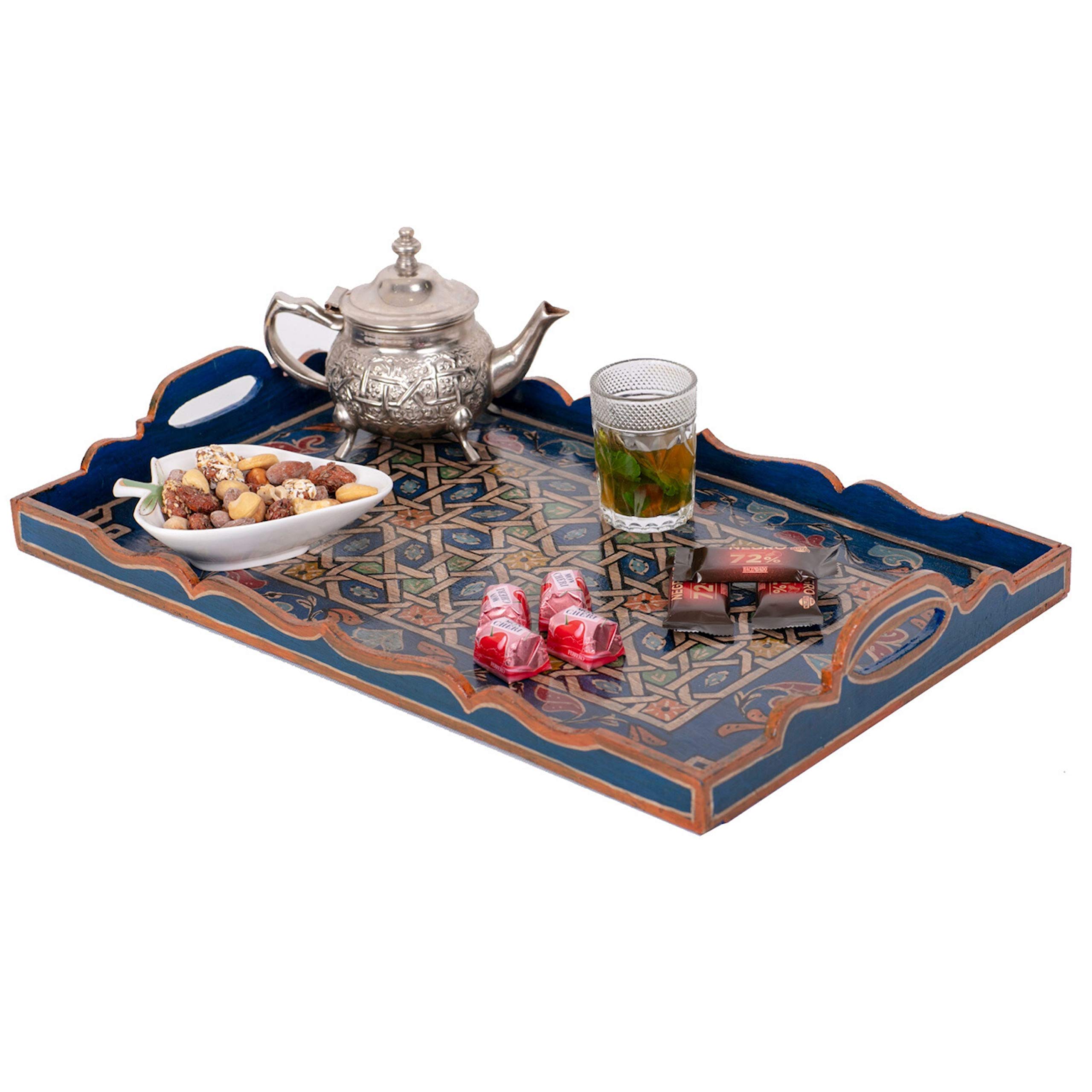 Hand Painted Moroccan White Decorative Serving Tray - Waterproof Acrylic Painting Bohemian Arabesque Home Decor (Dark Blue) | Perfect for Coffee Table Centerpiece, Wall Display & Gift Giving