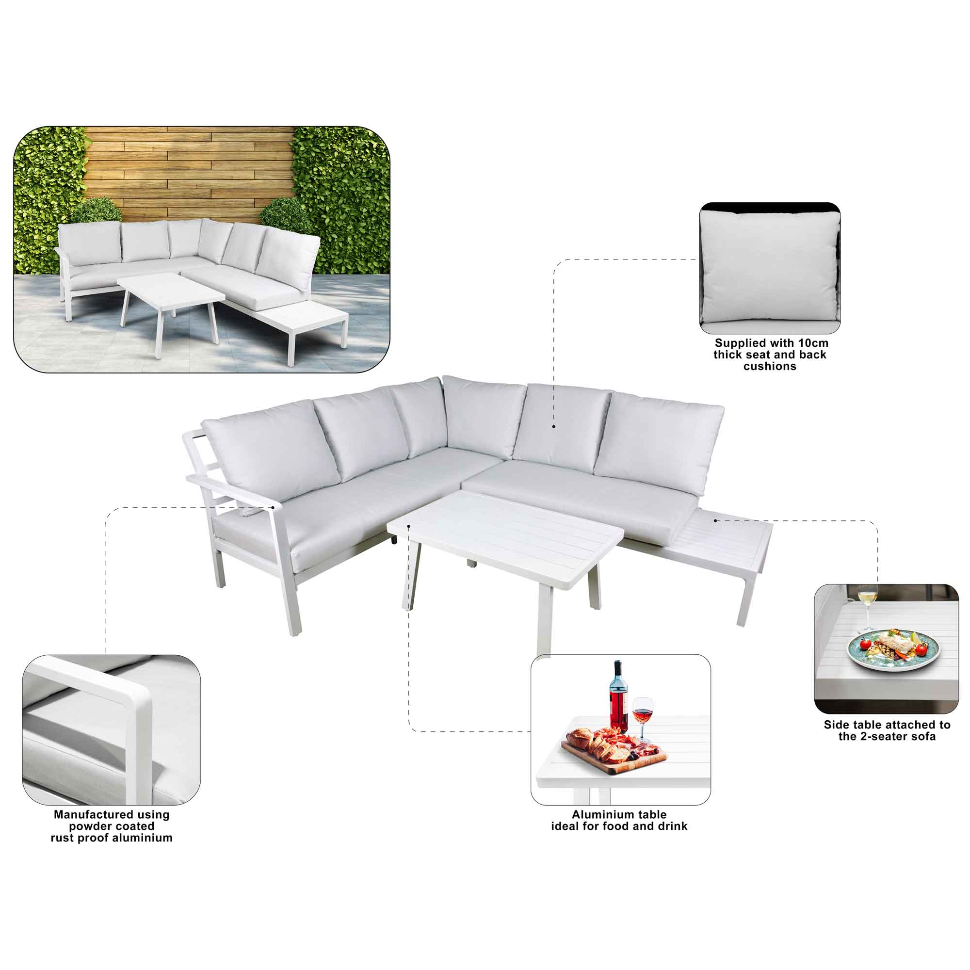 Kyoto 3-Piece Outdoor Corner Sofa Set with Coffee Table - Weather-Resistant White Patio Furniture for Garden, Poolside & Backyard Relaxation