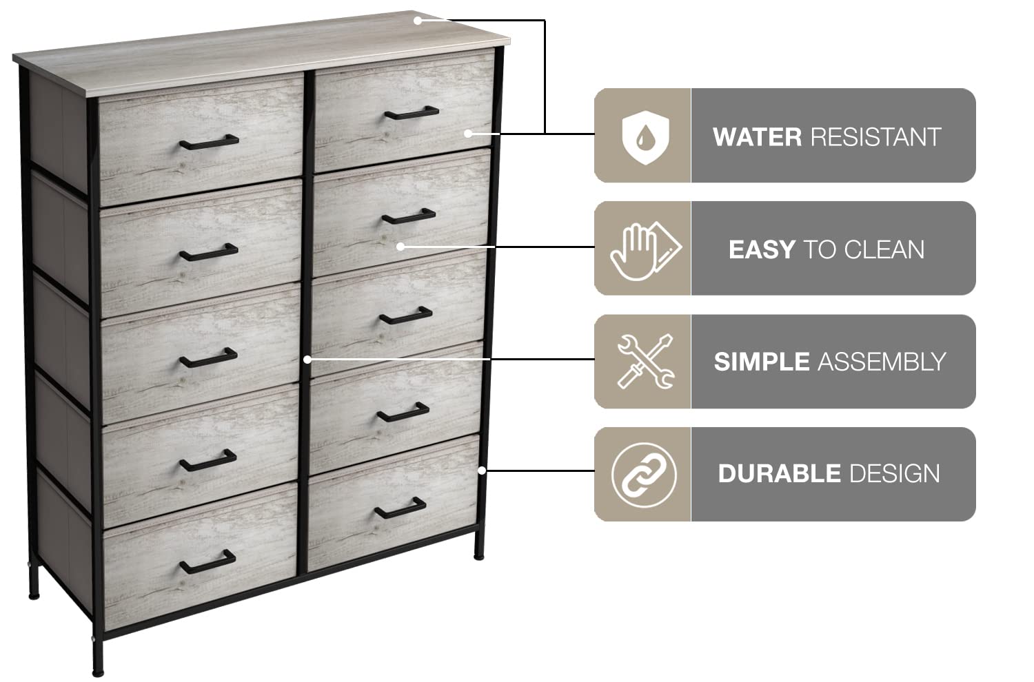 Sorbus 10-Drawer Dresser Organizer with Steel Frame & Wood Top - Fabric Bin Storage Chest for Clothes, Bedroom, Closet & Living Room - Space-Saving Home Furniture for Small Apartments & Dorm Rooms