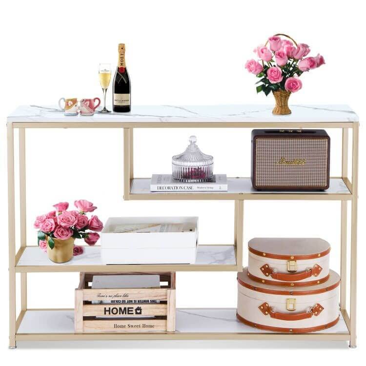 Ivinta 3-Tier Console Table with Storage - White & Gold Entryway Table with Shelves, Narrow Sofa Table for Living Room, Hallway, Bedroom - Faux Marble Veneer Accent Table - Perfect for Small Spaces, Entryway Decor & Living Room Organization