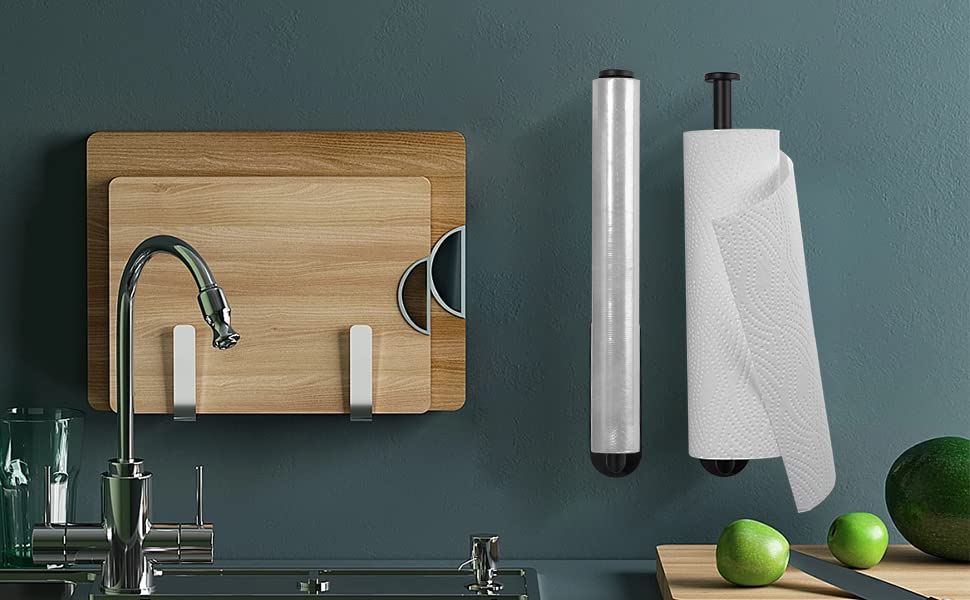 Upgraded Under Cabinet Kitchen Roll Holder - 304 Stainless Steel Wall Mounted Toilet Paper Towel Holder with Self Adhesive or Drilling Installation for Kitchen, Bathroom, Pantry, RV - Perfect for Small Spaces & Organization (Black)