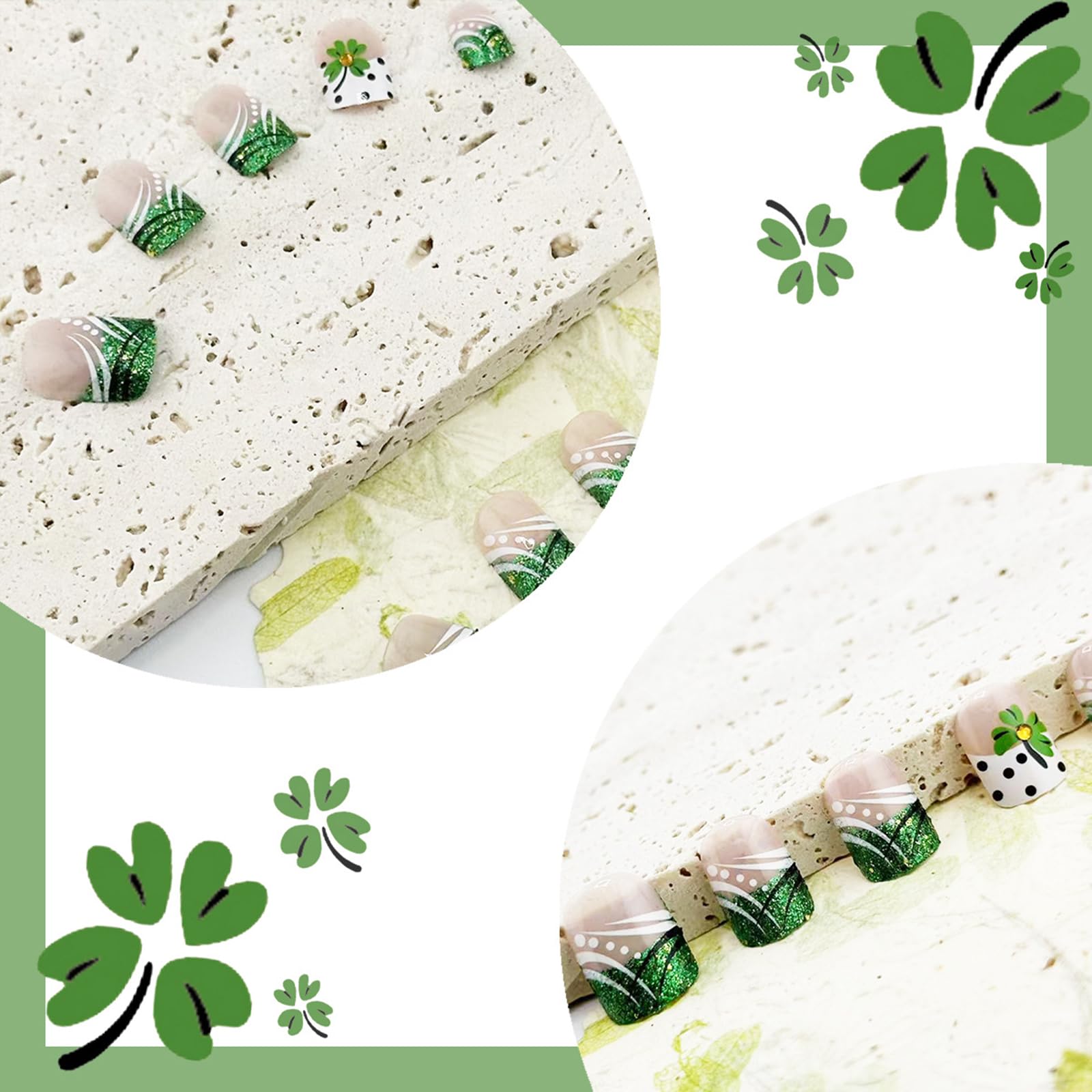 St. Patrick's Day Press On Nails - Short Square Fake Nails with Green White Glitter & Shamrock Design | DIY French Tip Manicure for Women | Perfect for Parties, Festivals & Irish Celebrations