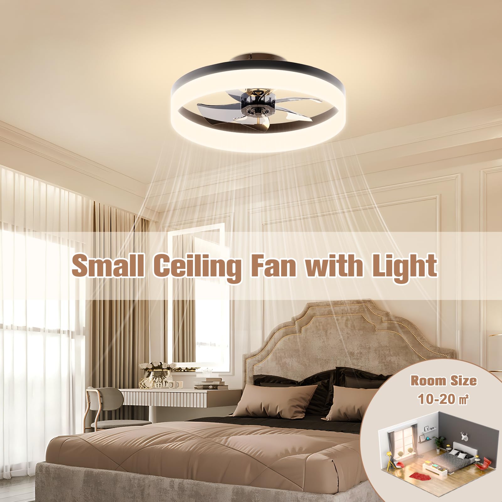VOLISUN 15.7in Bladeless LED Ceiling Fan with Light & Remote - Modern Flush Mount for Bedroom