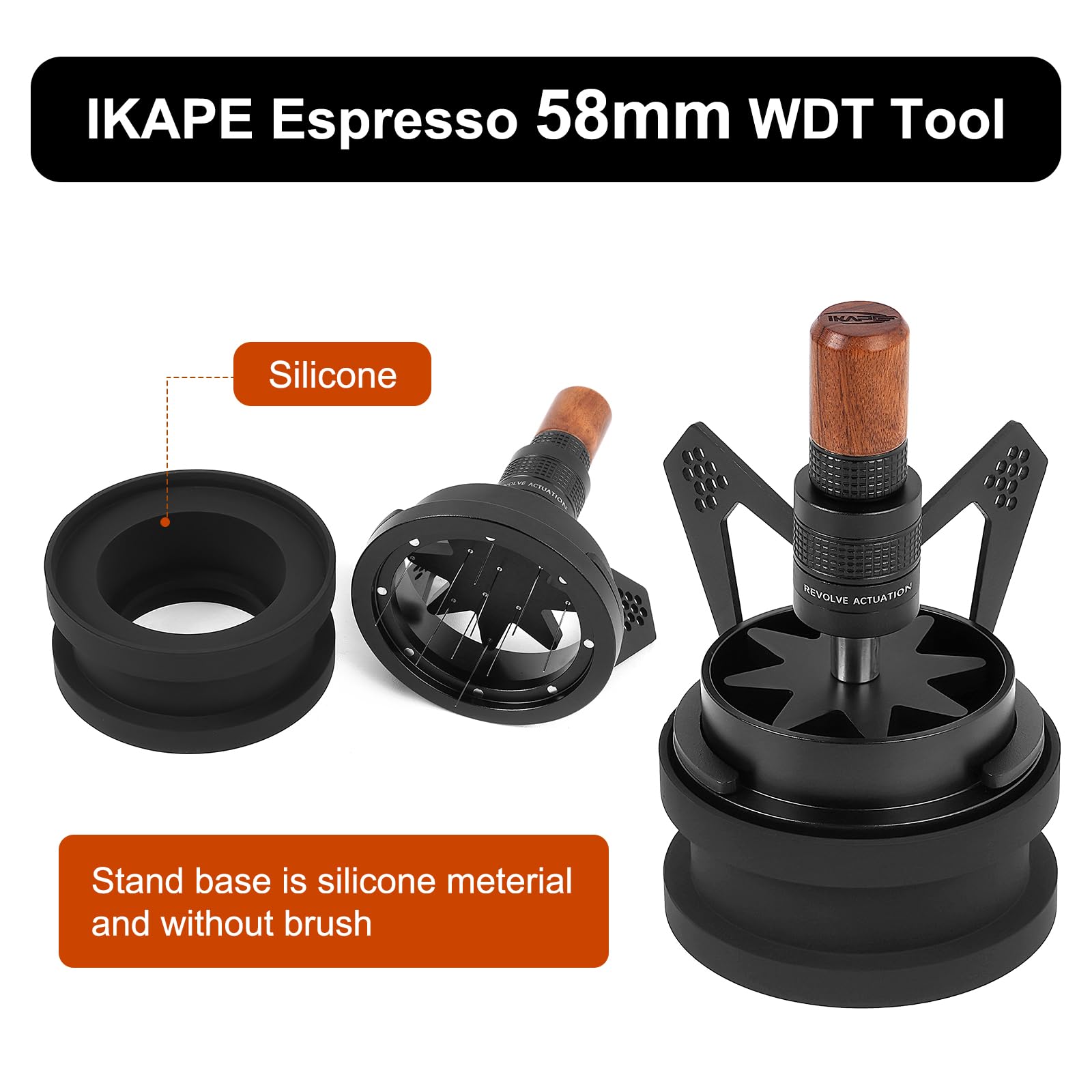 IKAPE Mantis WDT Distribution Tool V3 - 58.5MM 8-Needle Espresso Stirrer with Adjustable Needle Height, Walnut Handle, Dosing Funnel & Stand - Professional Barista Accessory for Perfect Coffee Grounds Distribution - Ideal for Home Espresso Machines & Coffee Shops