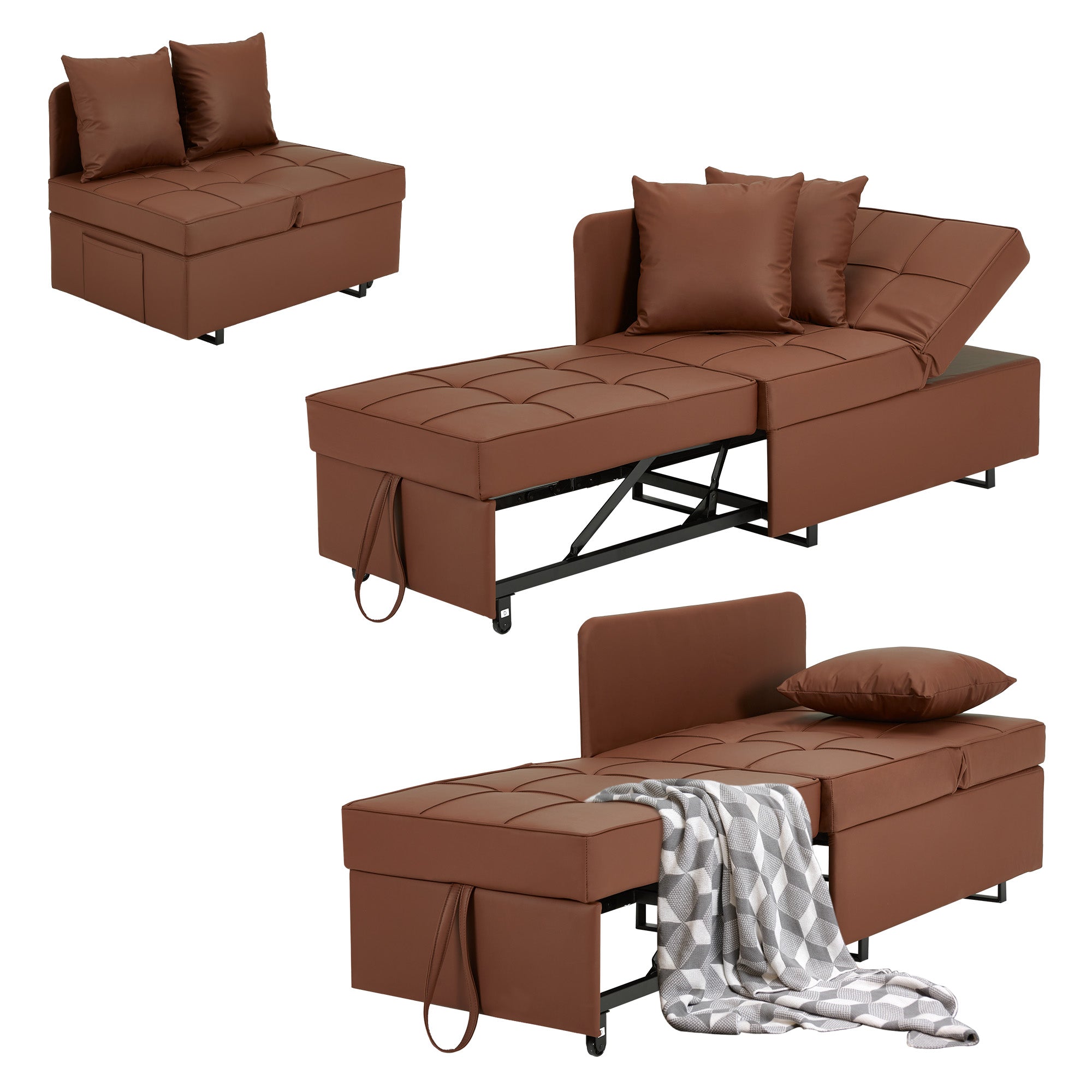 EROMMY 3-in-1 Convertible Futon Sofa Bed with Reclining Backrest - PU Leather Lounge Chair for Living Room, Bedroom & Small Spaces (Brown) - Perfect for Guest Sleeping, Relaxing & Space Saving