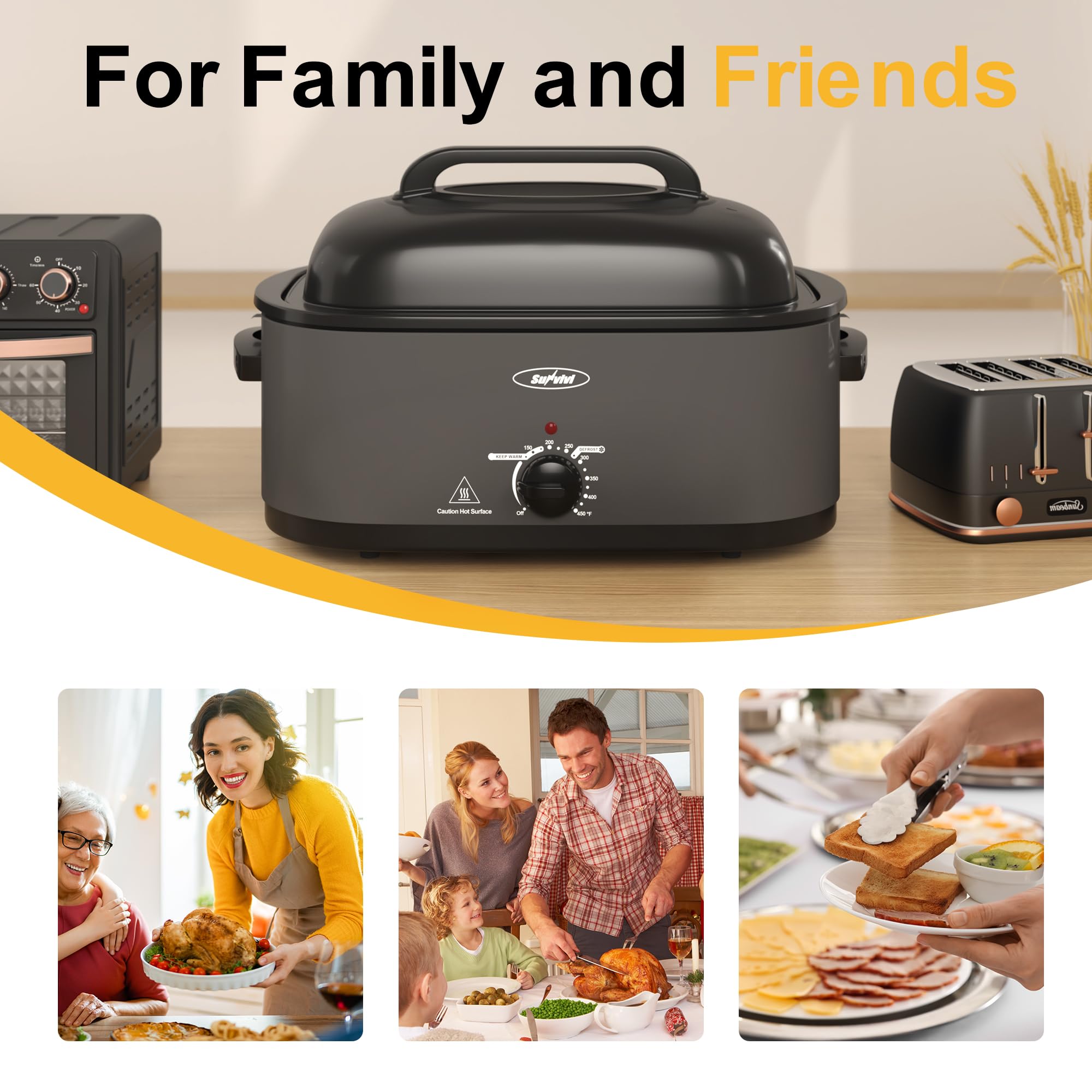 Sunvivi 26-Quart Electric Roaster Oven with Viewing Window - 30lb Turkey Roaster with Defrost/Warm Function, Removable Pan & Rack - Stainless Steel Countertop Appliance for Thanksgiving, Holiday Cooking & Large Family Gatherings