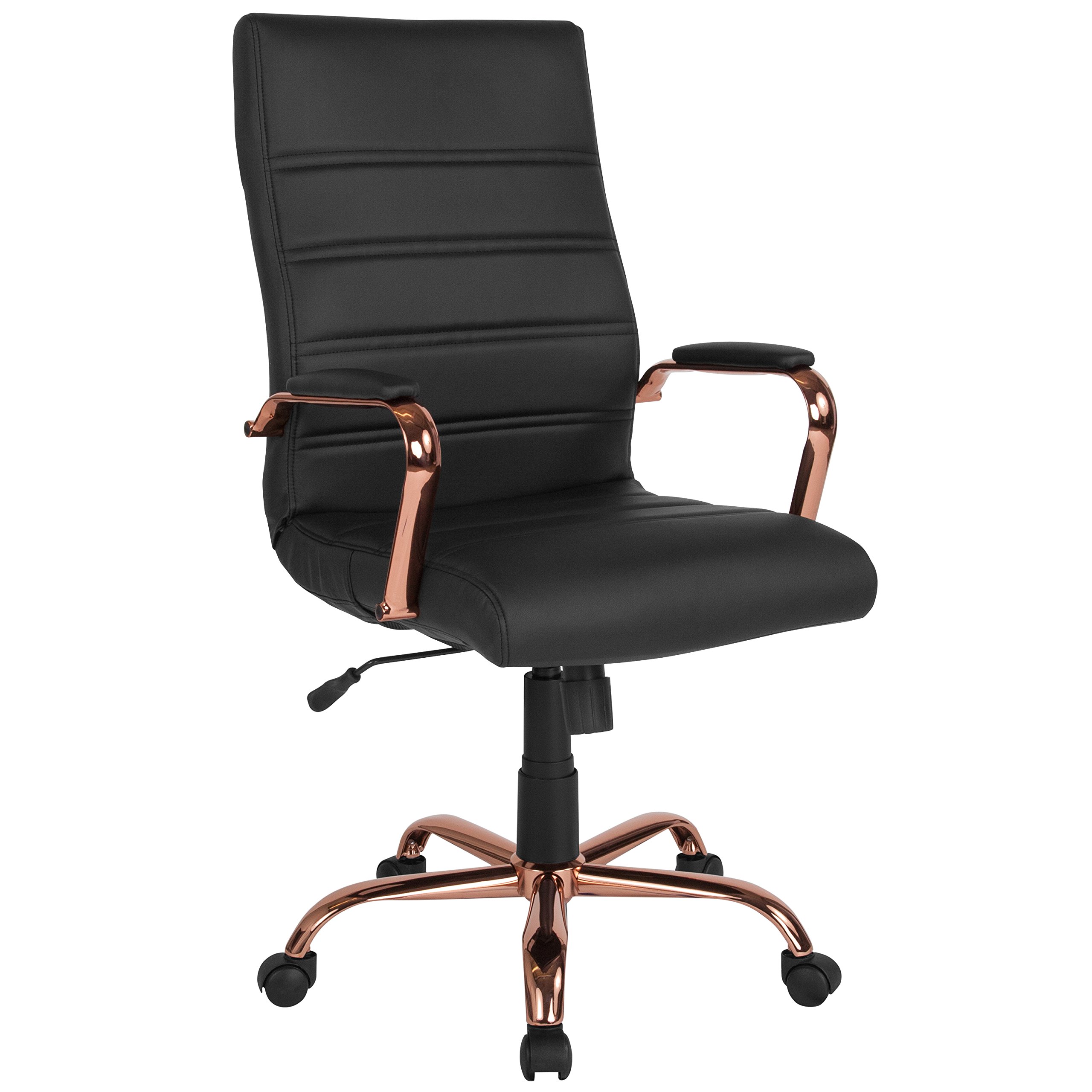 Premium High Back Office Chair - Black LeatherSoft Executive Swivel Desk Chair with Rose Gold Metal Frame - Ergonomic Adjustable Armchair for Home Office, Gaming & Study